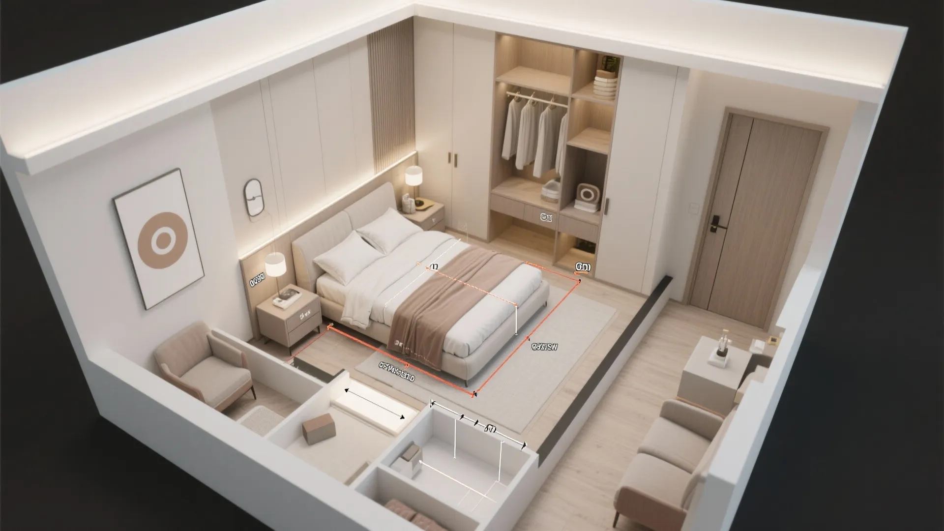 Top-down visual planning layout showing measurements, circulation zones and door options for a small master bedroom.