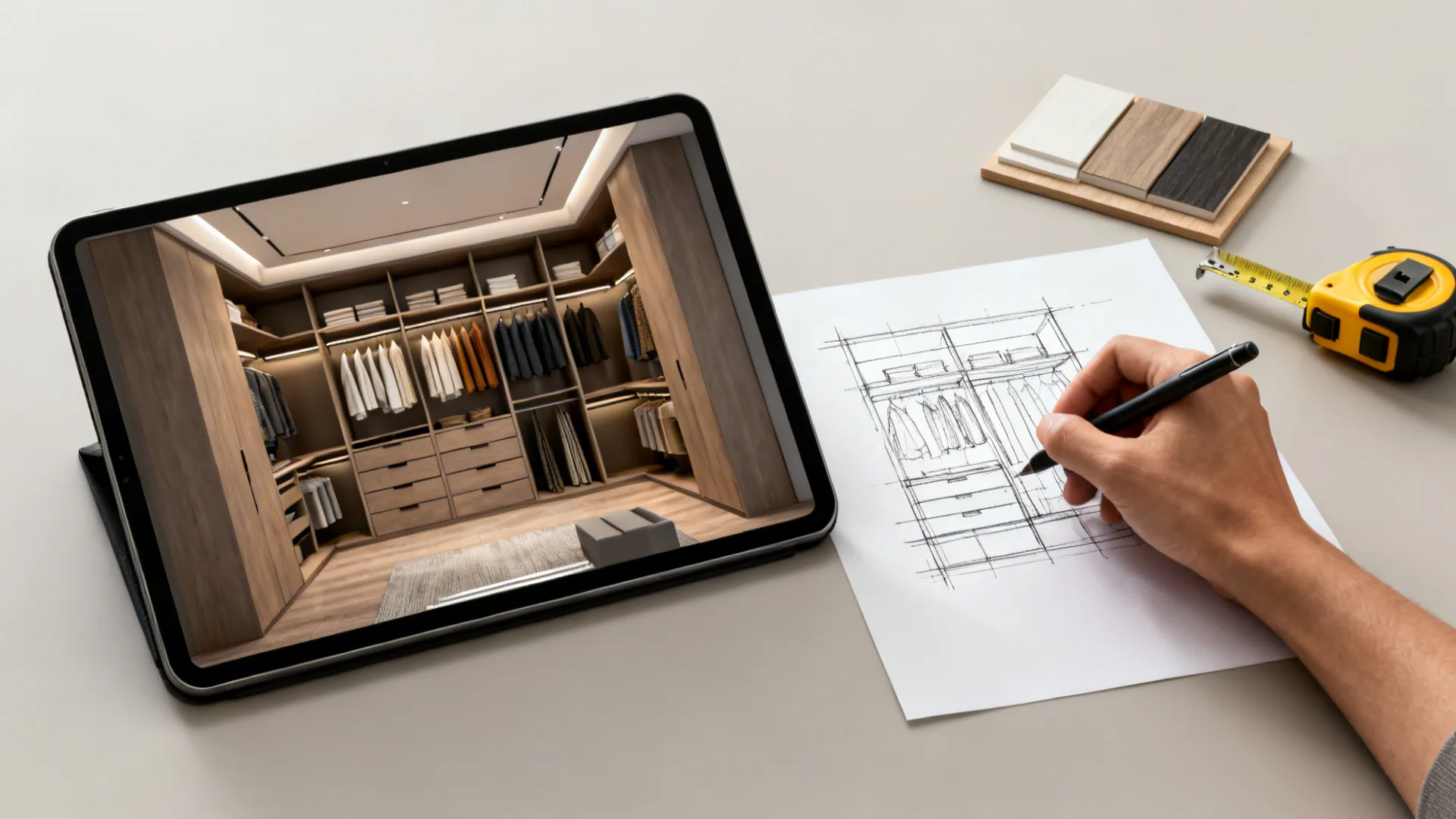 Tablet showing 3D closet plan, hand-sketch, measuring tape and finish samples for closet visualization