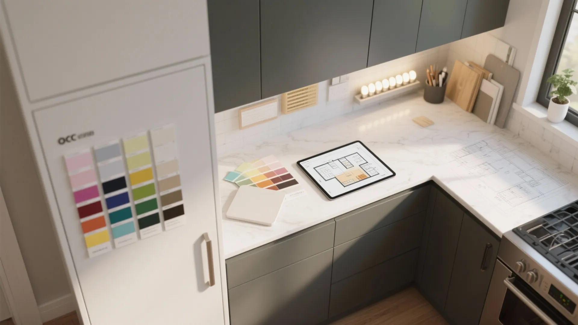 Kitchen counter with digital tablet showing floor plan color swatches and interior design drawing paper