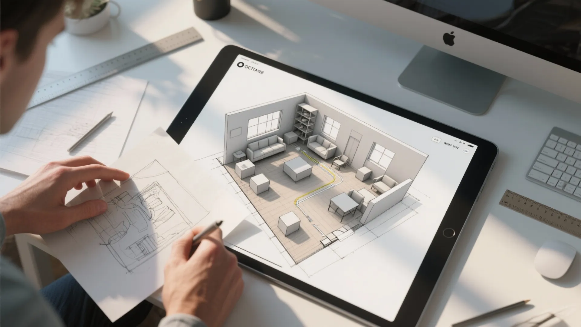 Top-down view of hand sketches and a 3D room planner showing massing and circulation for suite layouts