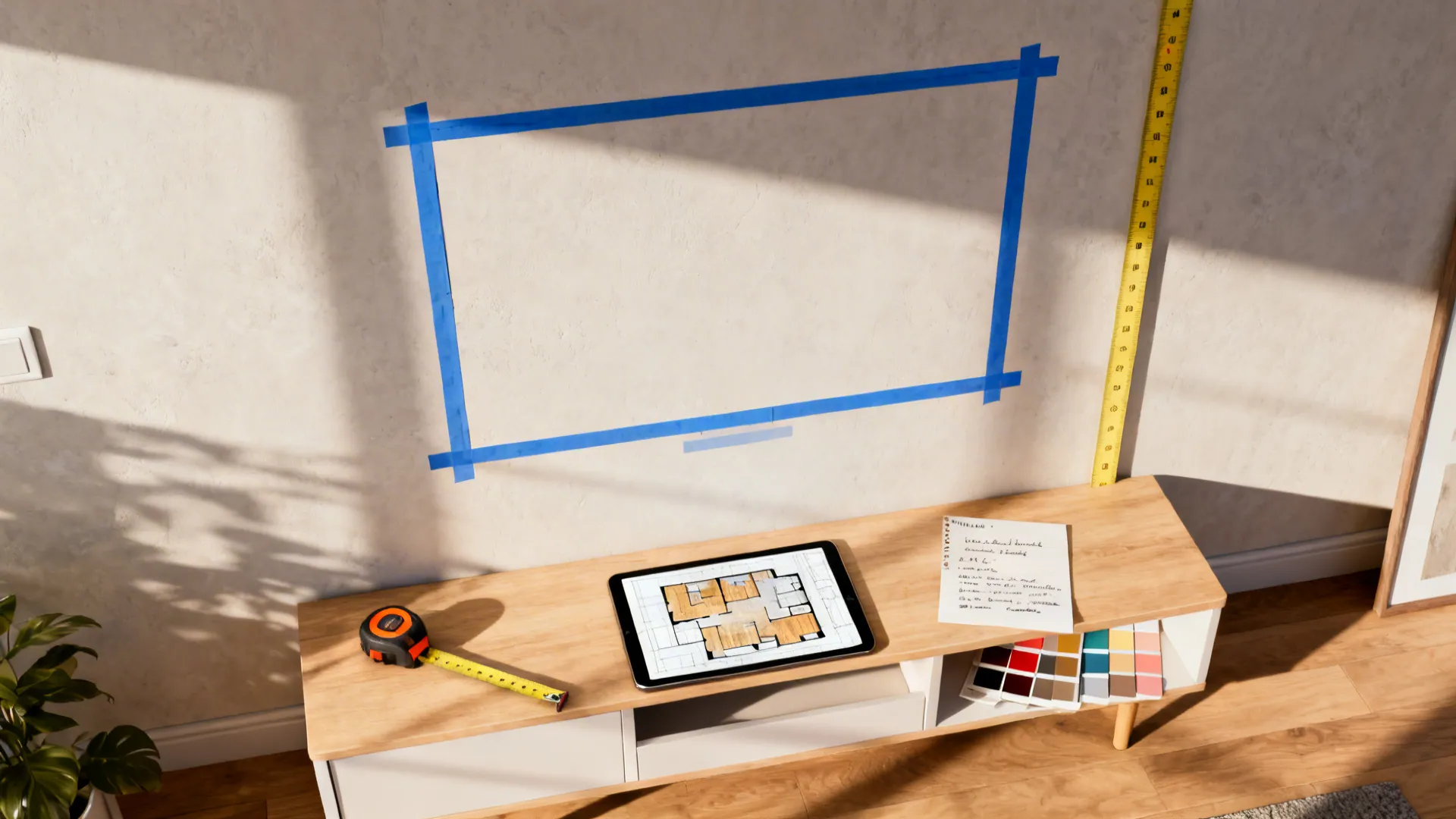 Top-down view of planning tools: taped TV outline, measuring tape and a tablet with a 3D floor plan.