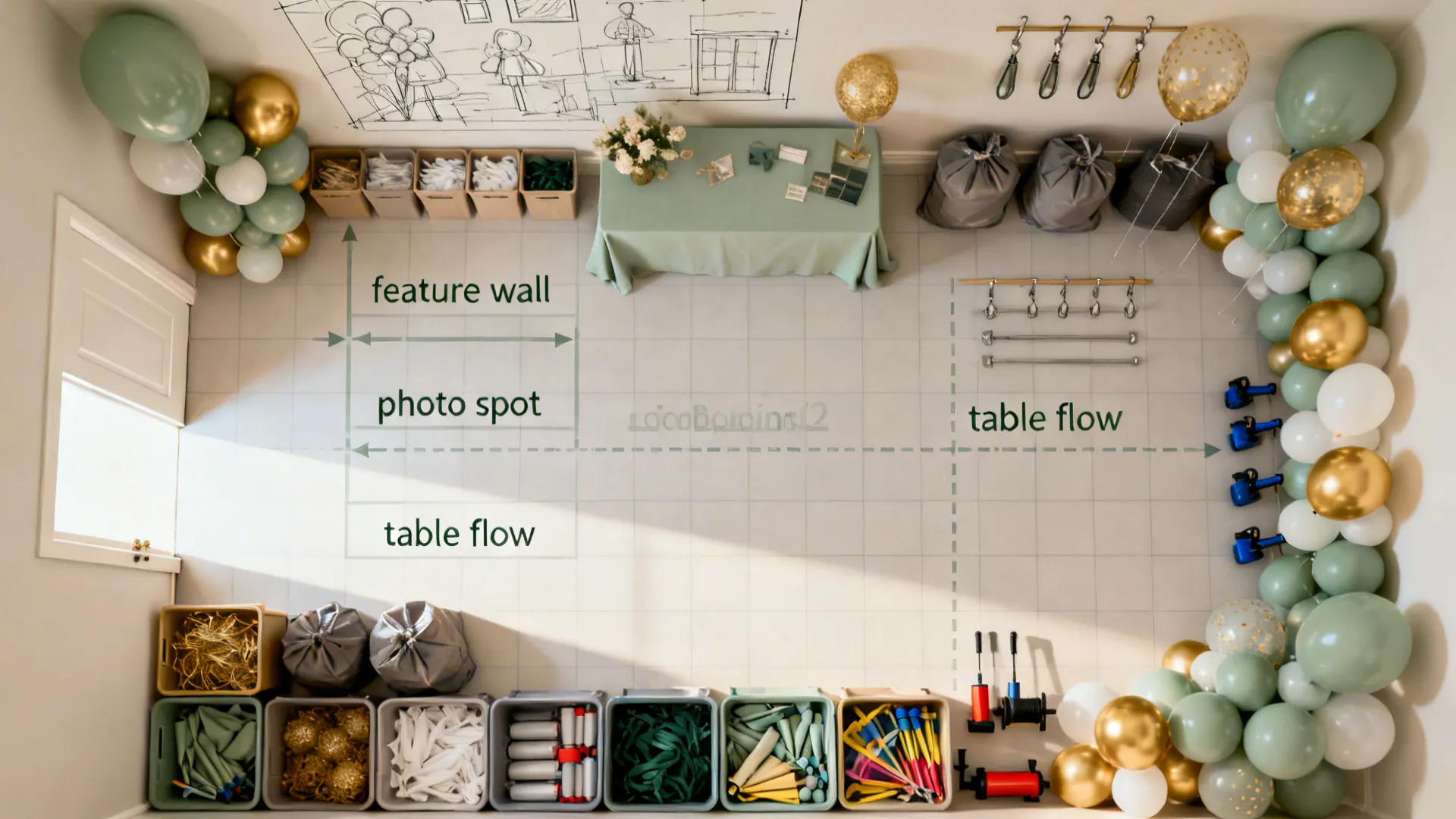 Top-down planning board with sketched zones and organized balloon materials for a small-room birthday setup.