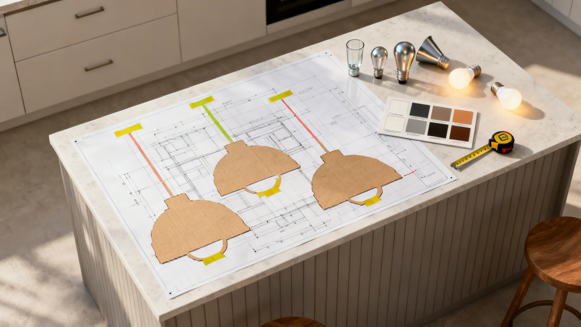 Kitchen island with floor plan, cardboard light cutouts, light bulbs, color samples, and measuring tool