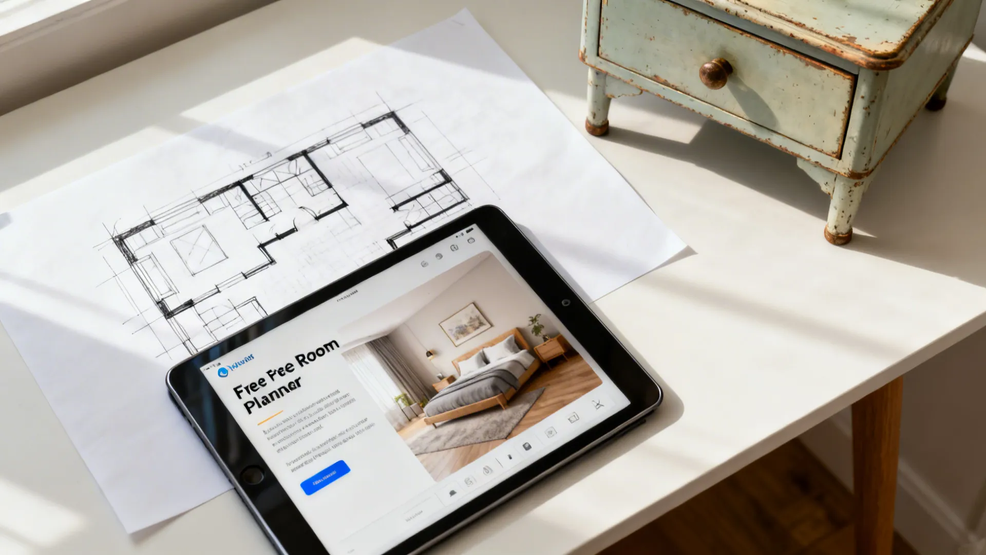Top-down view of a quick floor plan sketch, tablet room mock-up, and a retro nightstand candidate.