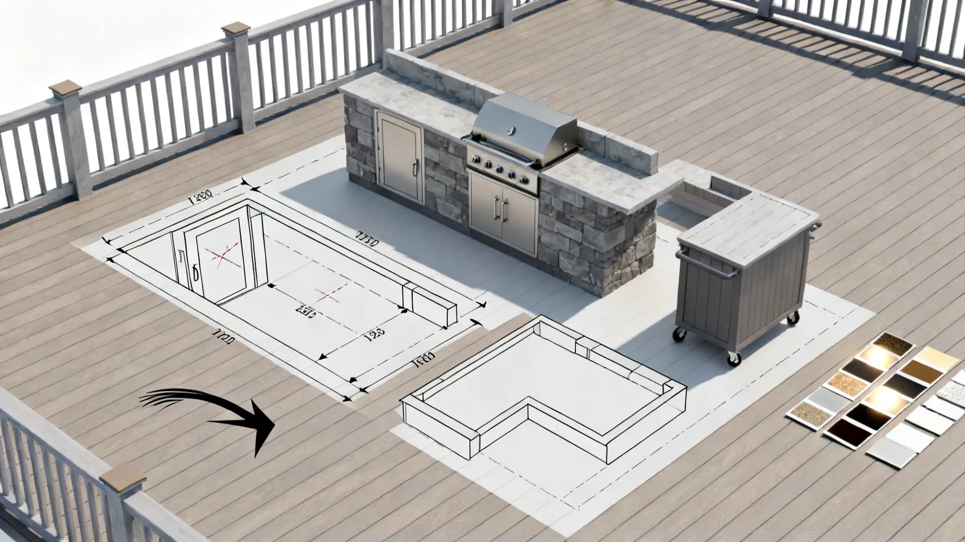 Top-down storyboard of measuring, mocking layouts, zoning, and material previews for a small deck kitchen.