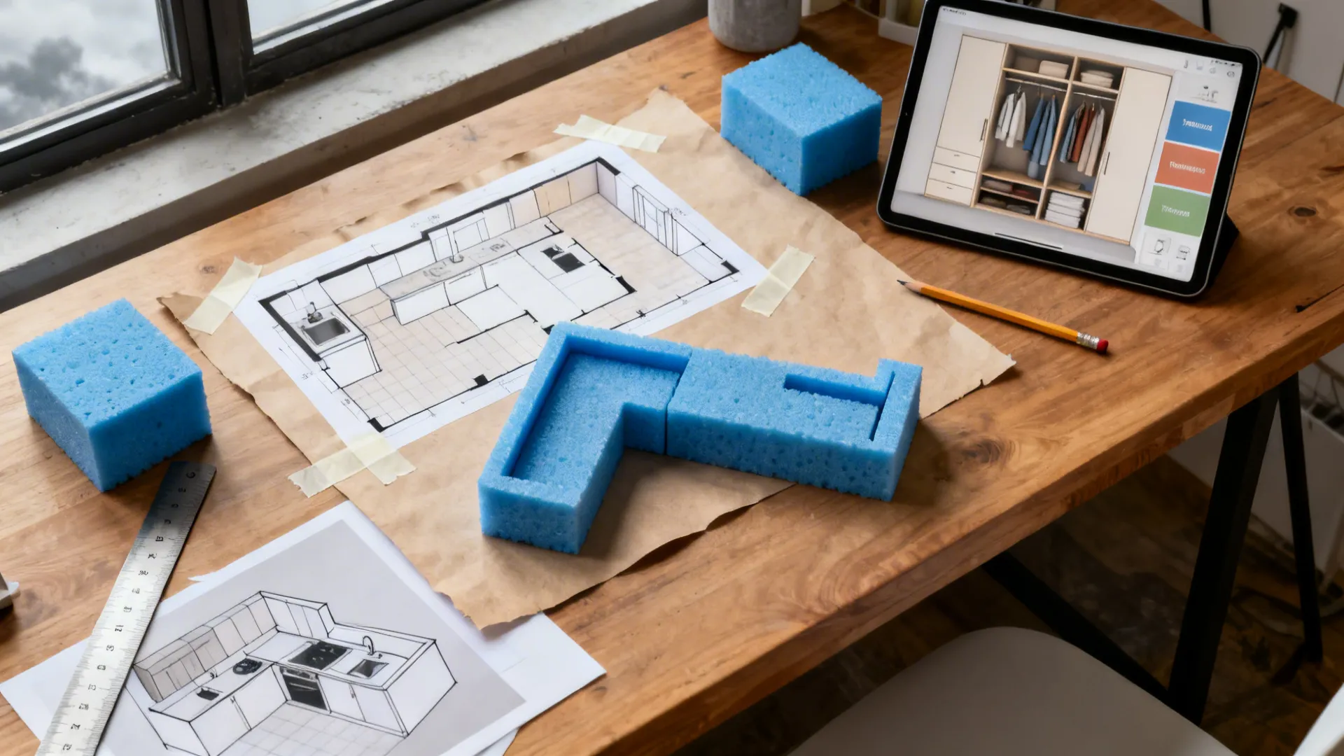Top-down design desk with tape mockups, foam blocks, and a tablet preview.