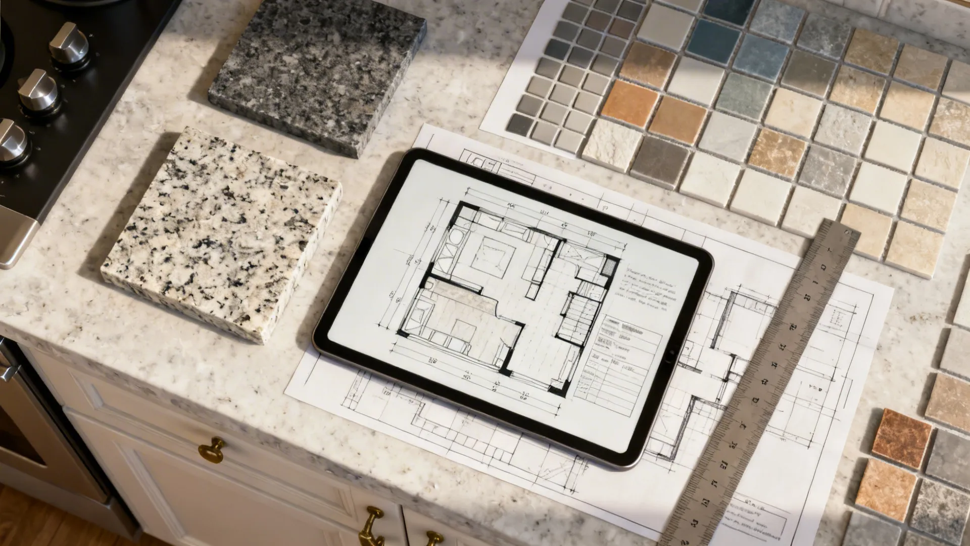 Top-down view of backsplash planning tools including tablet room planner and tile samples