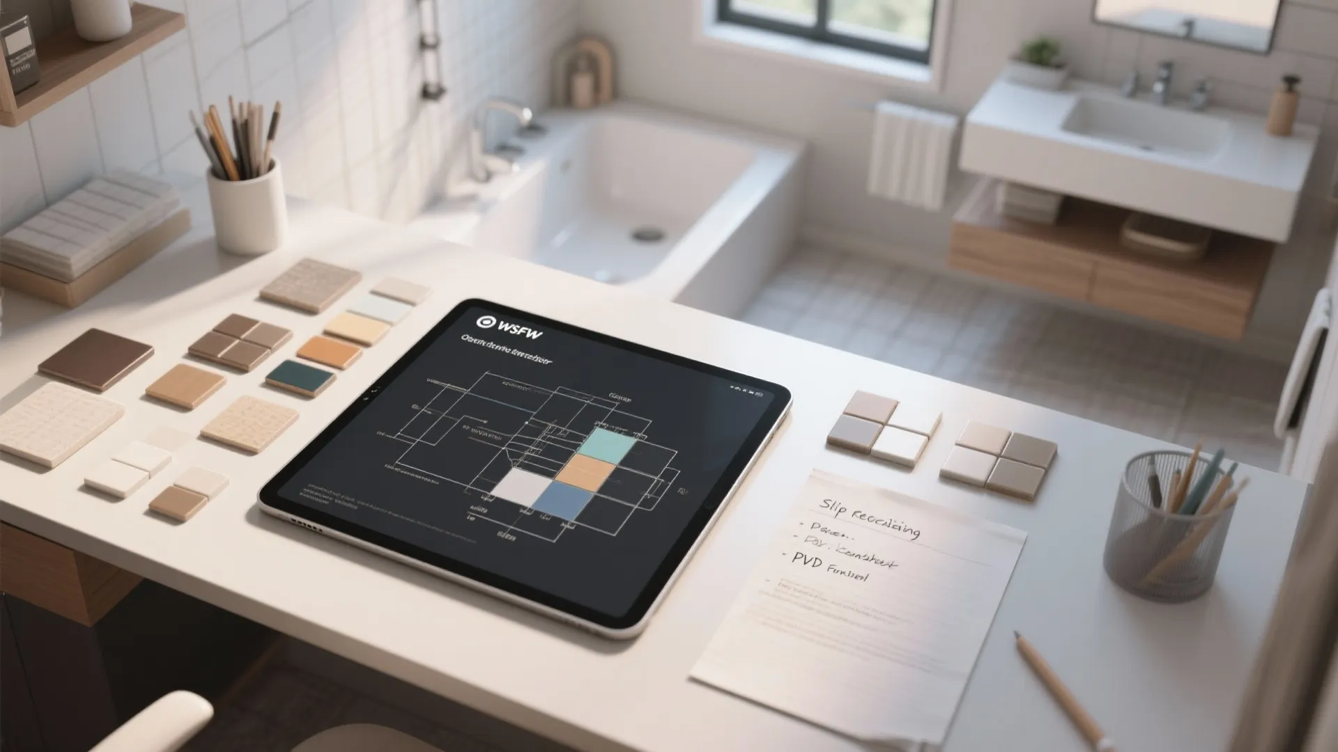 Tablet showing room layout on white desk with material samples and blurred bathroom in background