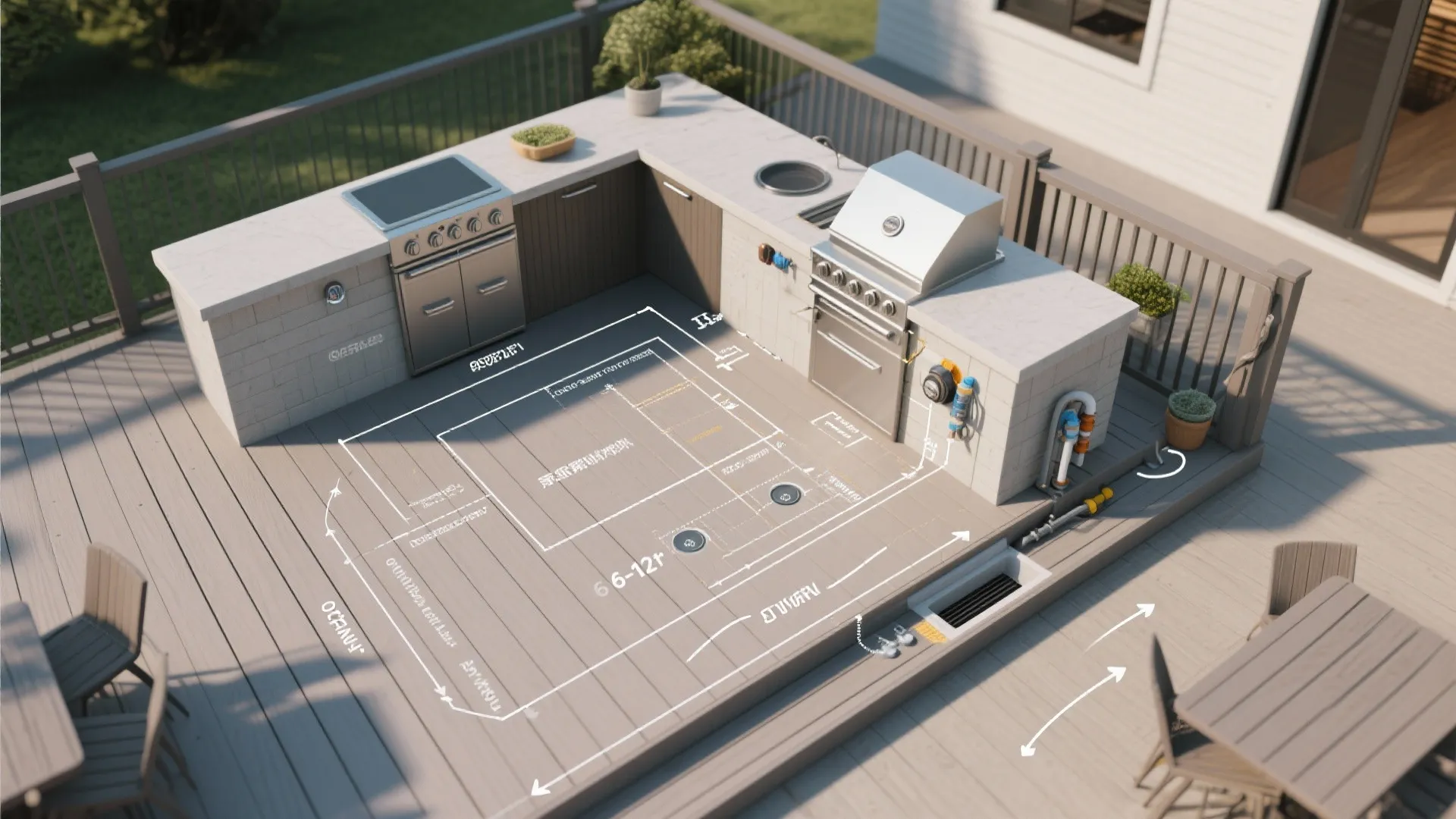 Outdoor kitchen design on a wooden deck showing grill stove sink and technical floor plan lines