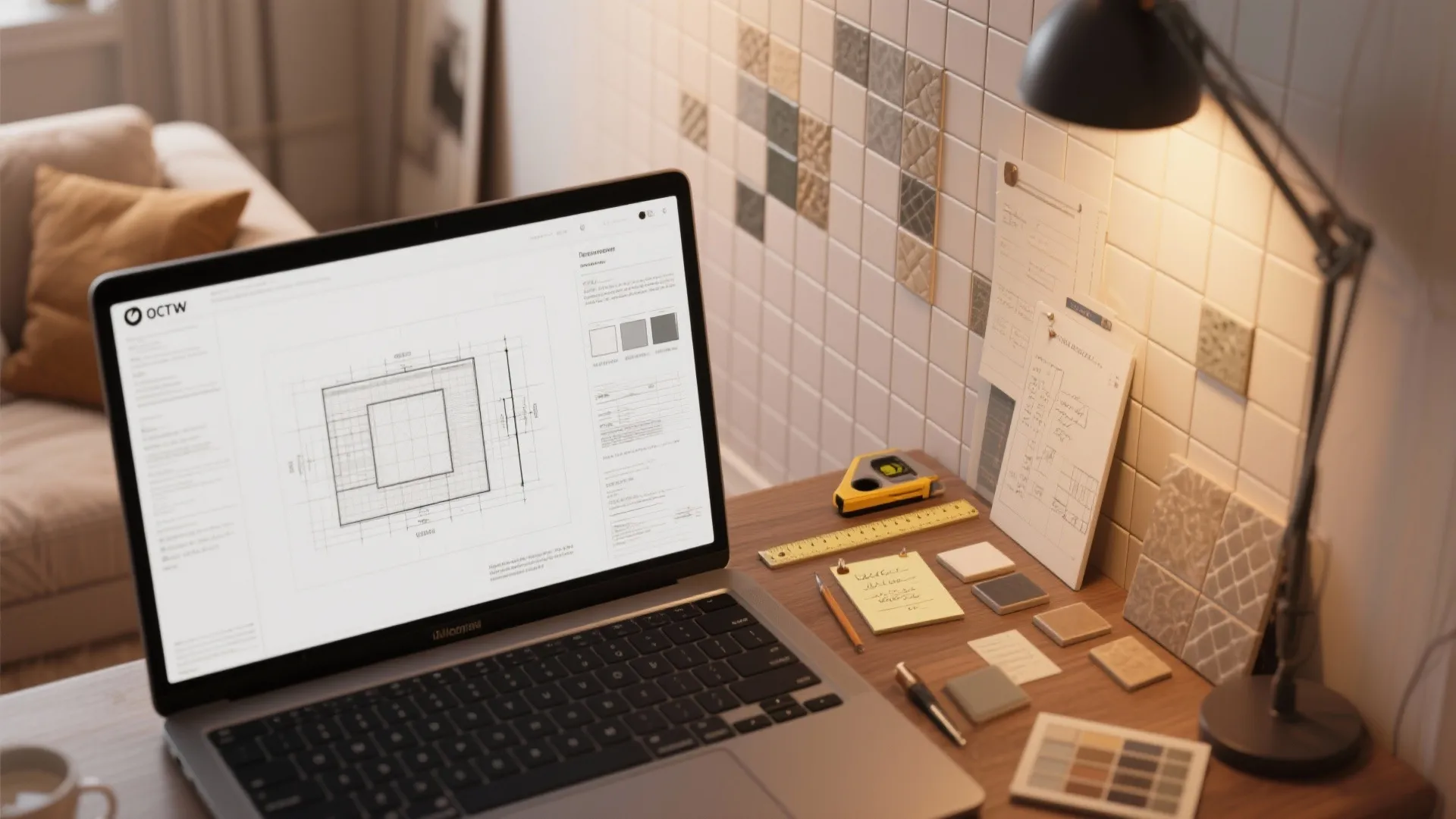 Top-down view of a tile planning workflow with 3D mockup, samples and plans for a living room wall.