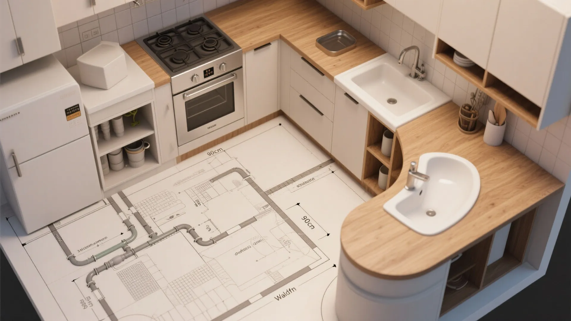 Top-down 3D planner view illustrating clearances, plumbing priority, and built-in strategy for a tiny Waldorf kitchen.