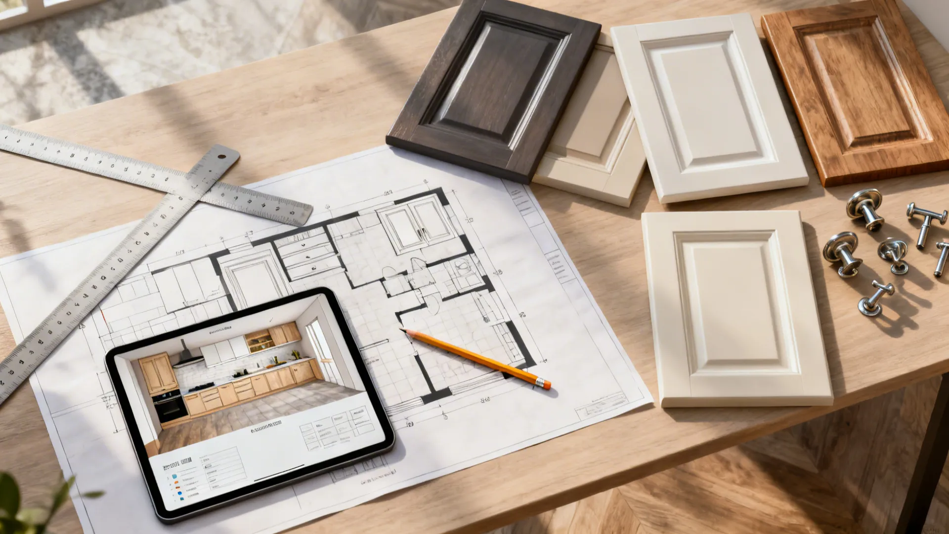 Top-down view of a kitchen planning setup with floor plan, tablet planner, and cabinet samples