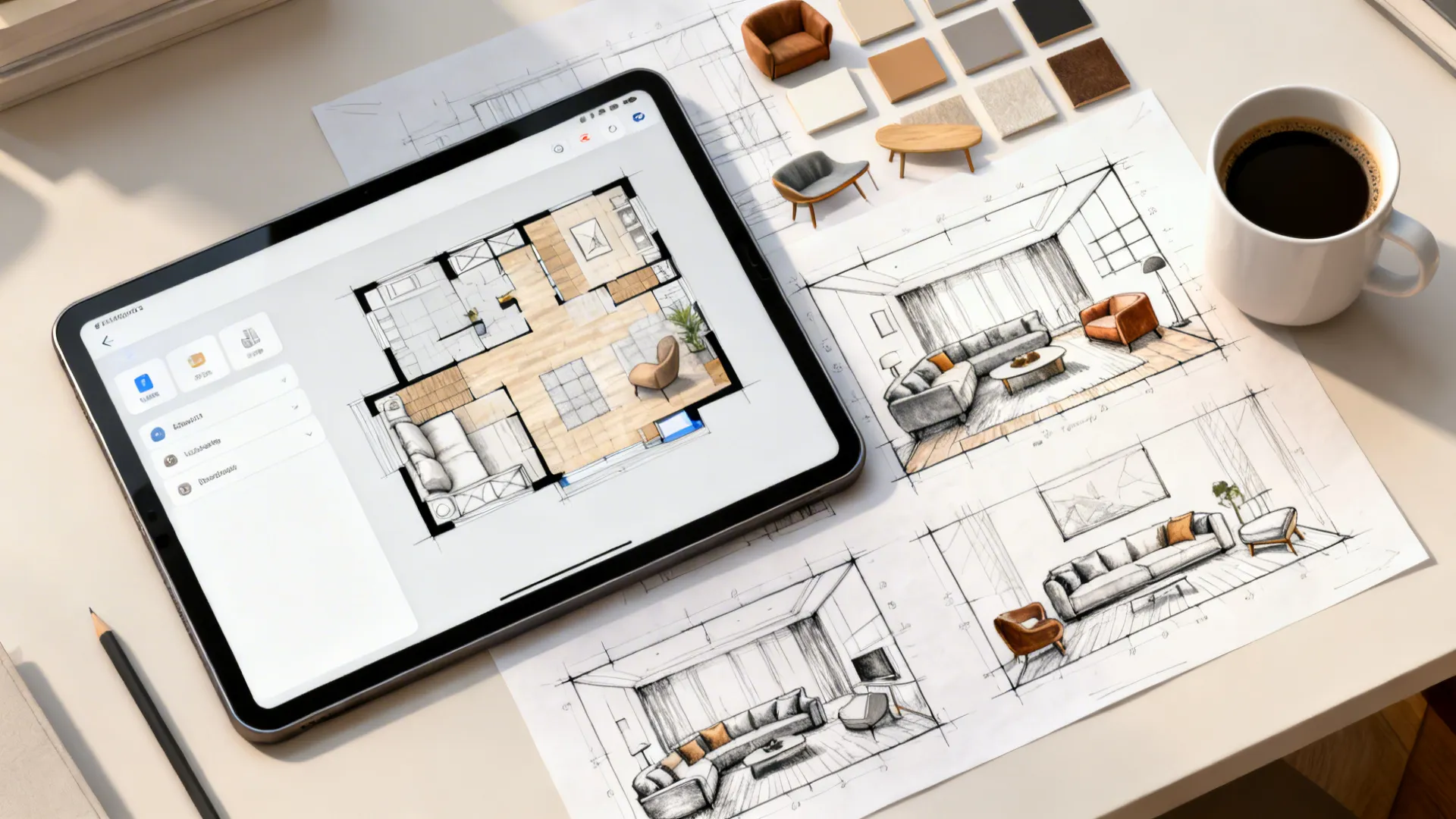 Tablet showing a room layout next to interior design drawing sketches and a coffee cup