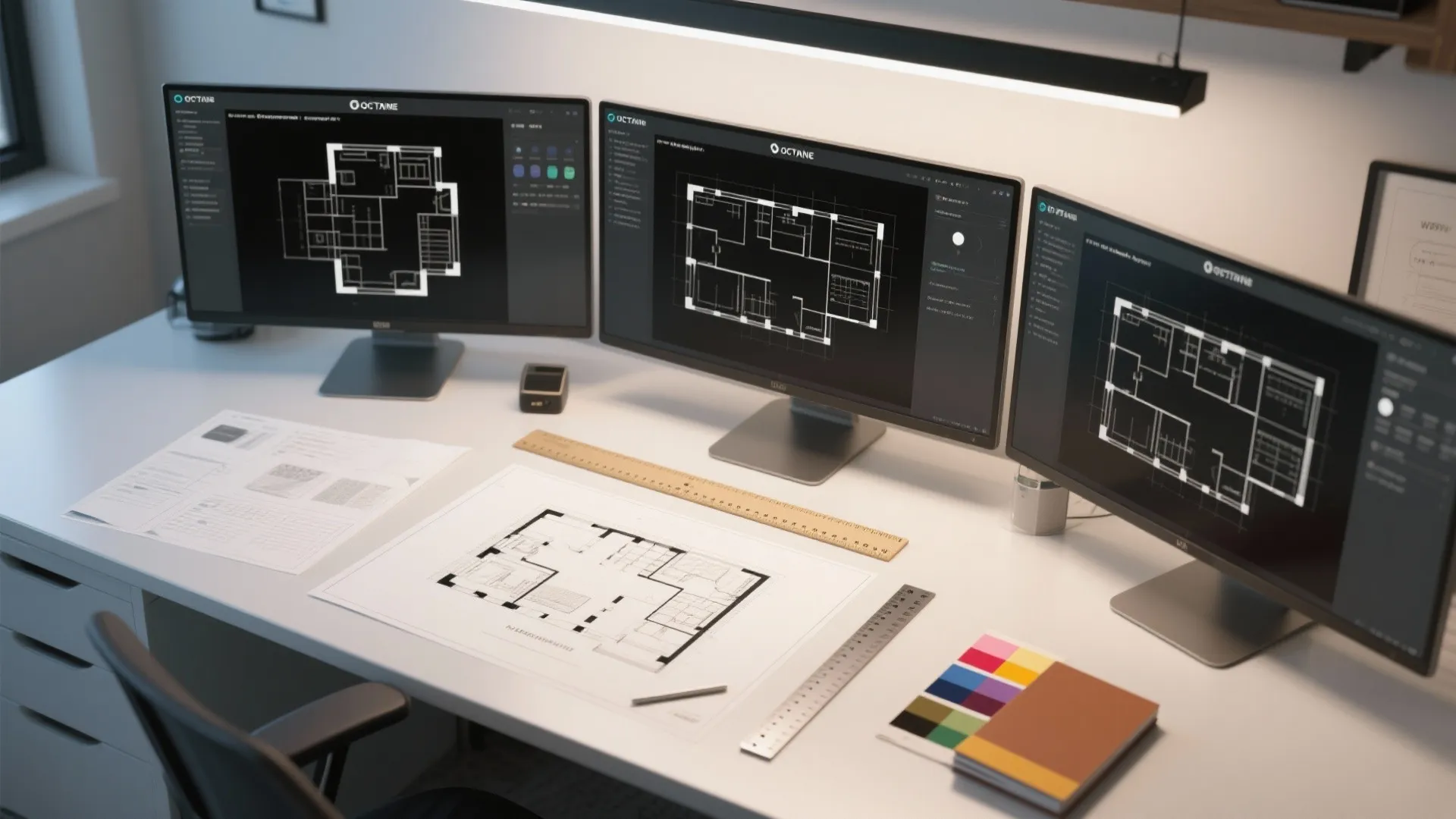 Top-down view of a workstation with floor plan layouts and material swatches for hotel suite design