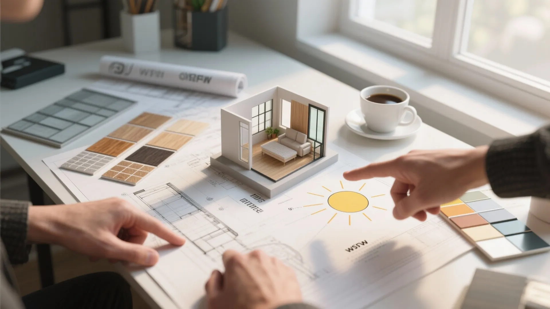 Close-up of architectural plans, 3D model and glazing swatches on a desk for planning an extension.