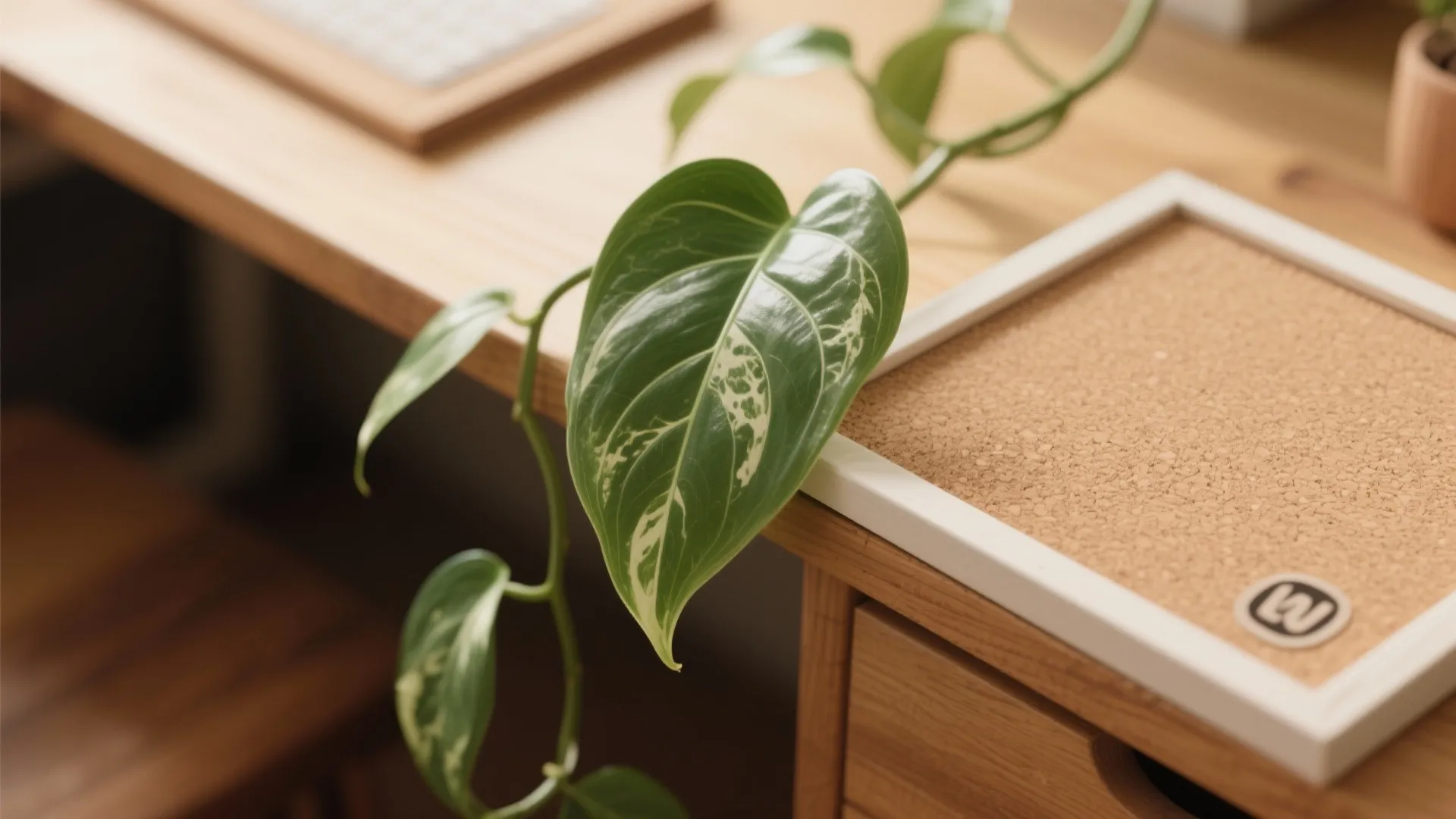 Green plant with variegated leaves sitting on a wooden desk next to a white corkboard