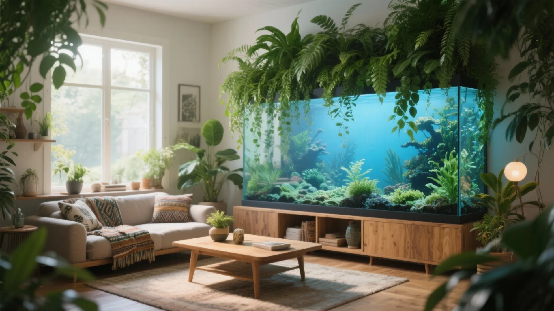 Aquarium with lush aquascape and cascading plants above