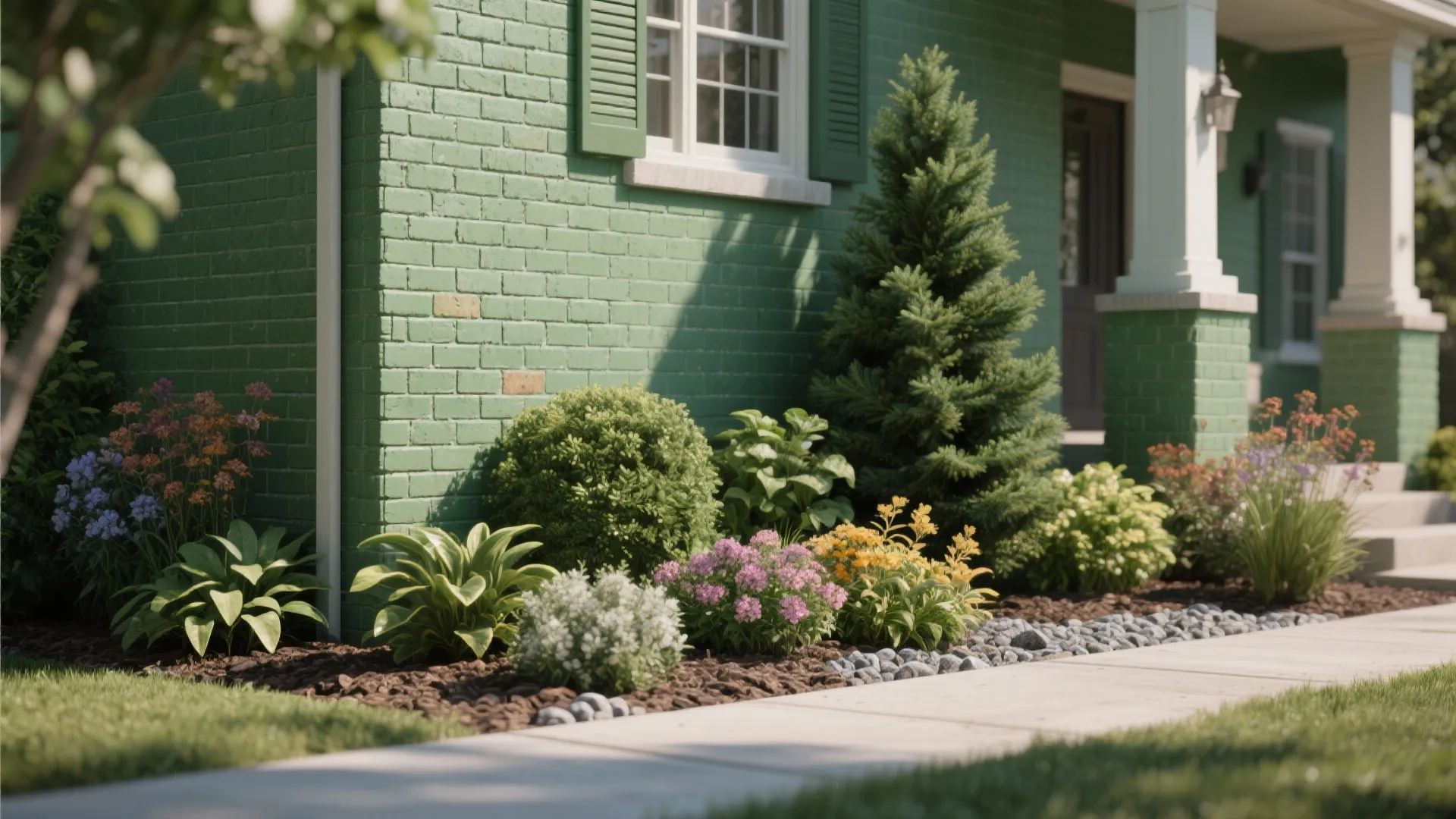 Green brick house exterior with colorful garden flowers green bushes small pine tree and concrete walkway