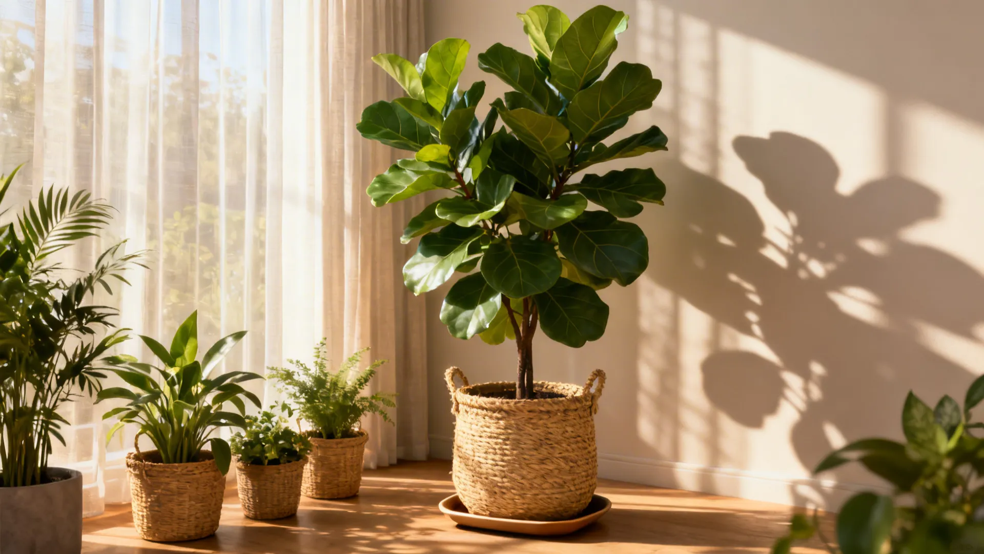 Fiddle leaf fig in a lined basket planter with smaller plants in matching baskets on a tray.