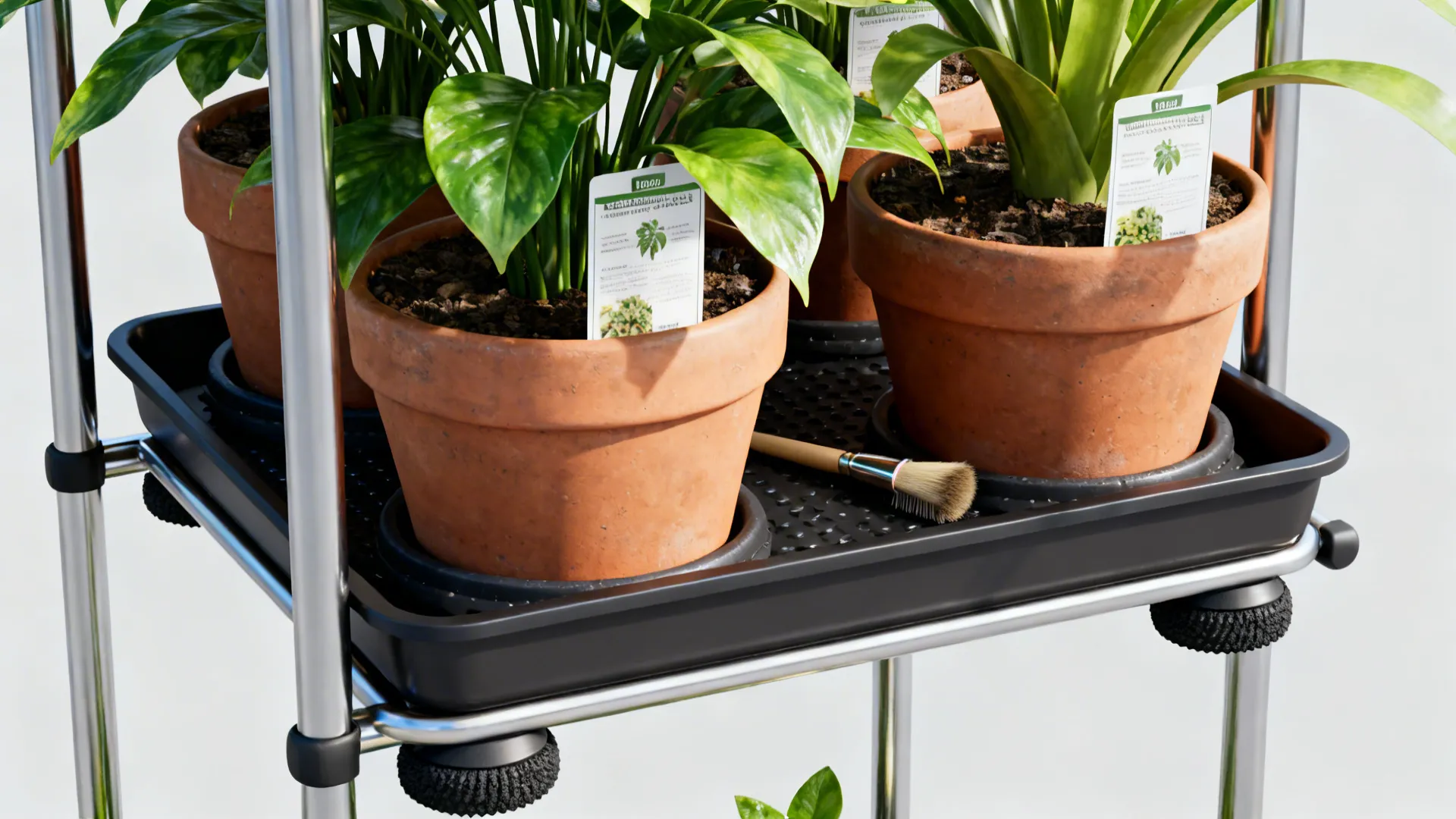 Plant care essentials for corner stands: waterproof trays, rubber pads, and a dusting brush