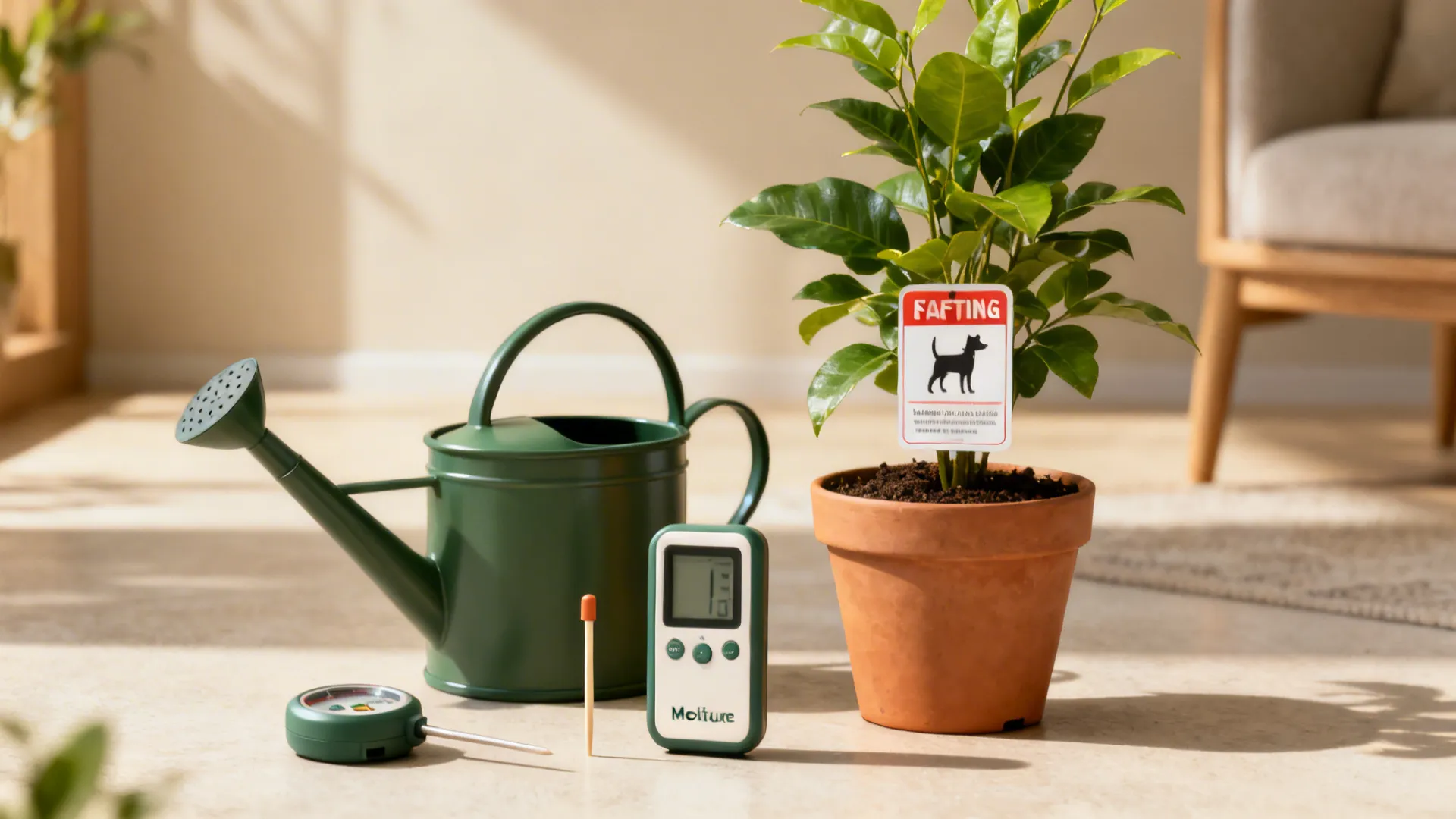 Plant care tools and a pet-safety reminder card beside an indoor plant on a side table.