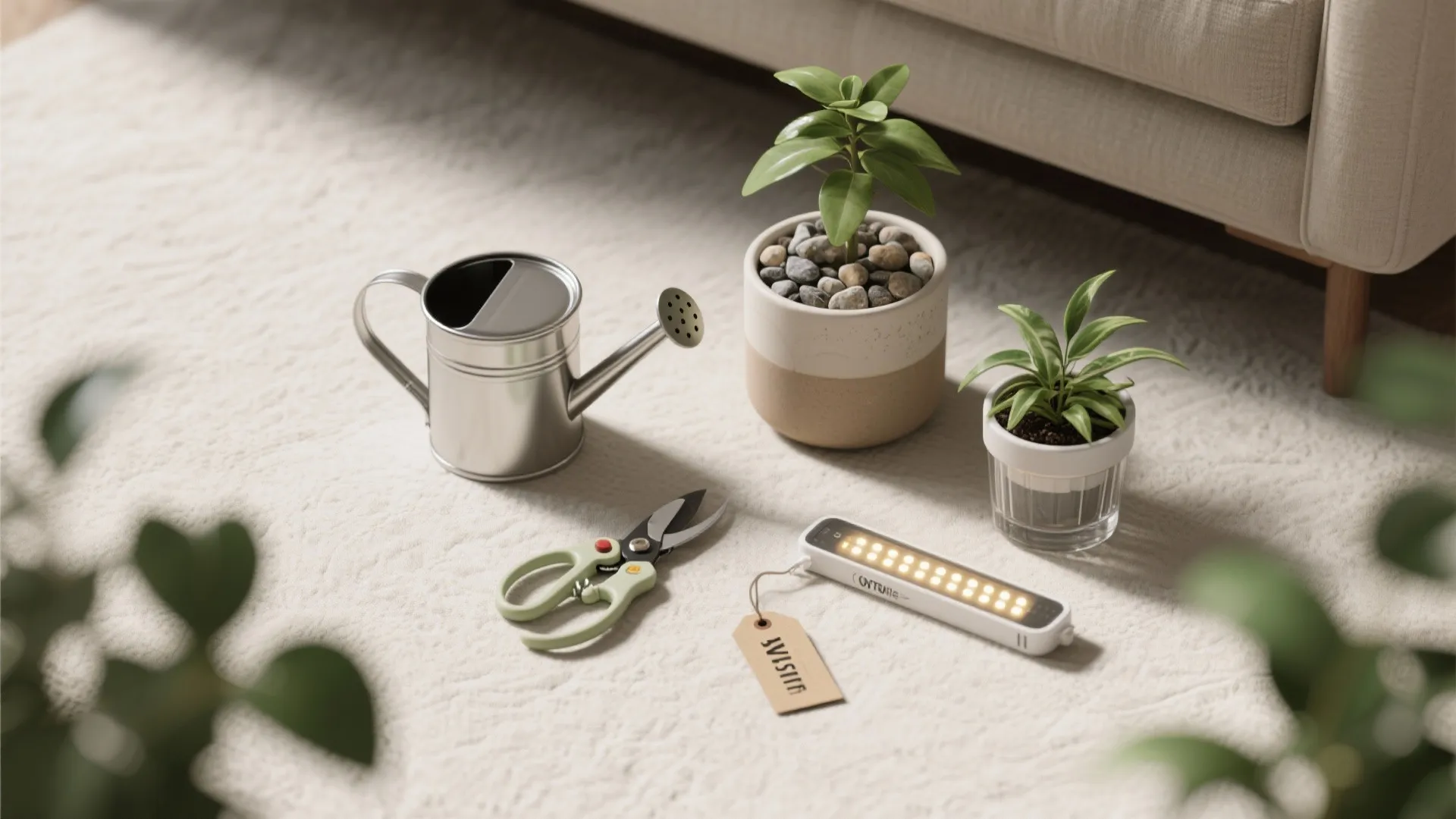 Plant care tools including watering can green plants garden shears and a grow light on carpet