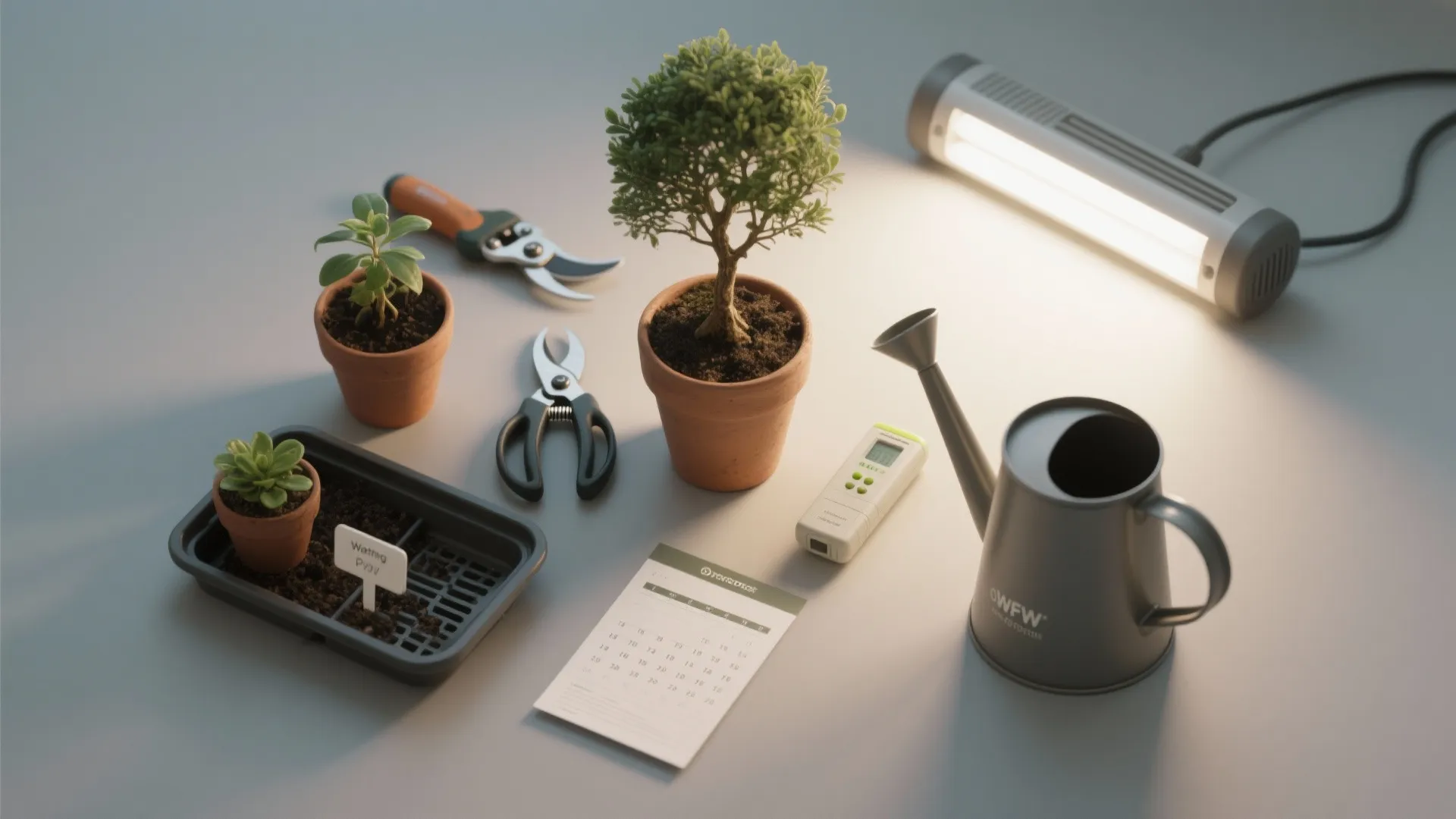 Plant care flat lay with small potted trees gardening tools watering can and bright desk light