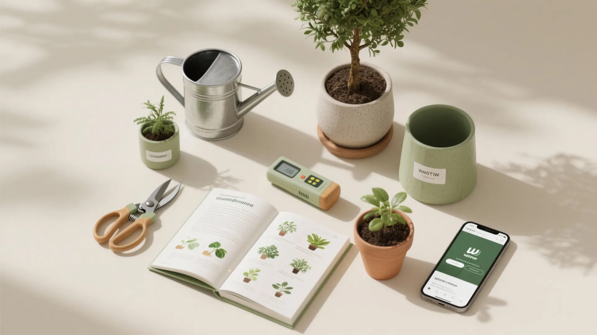 Top-down flatlay of small tree care tools: watering can, moisture meter, pruning shears, guidebook, and pots.
