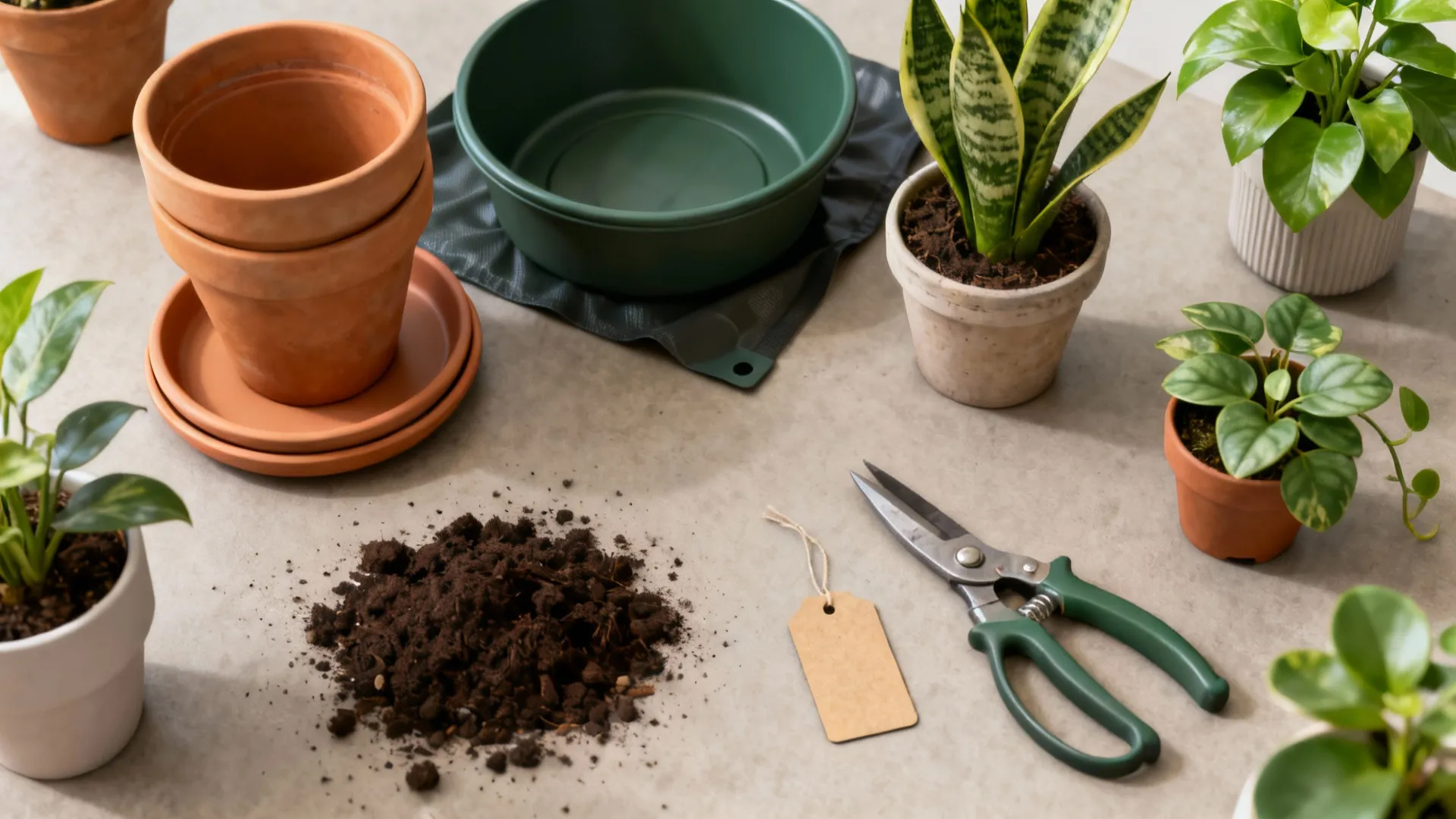 Flatlay of plant-care items: pots, liners, pruning shears, and small houseplants.