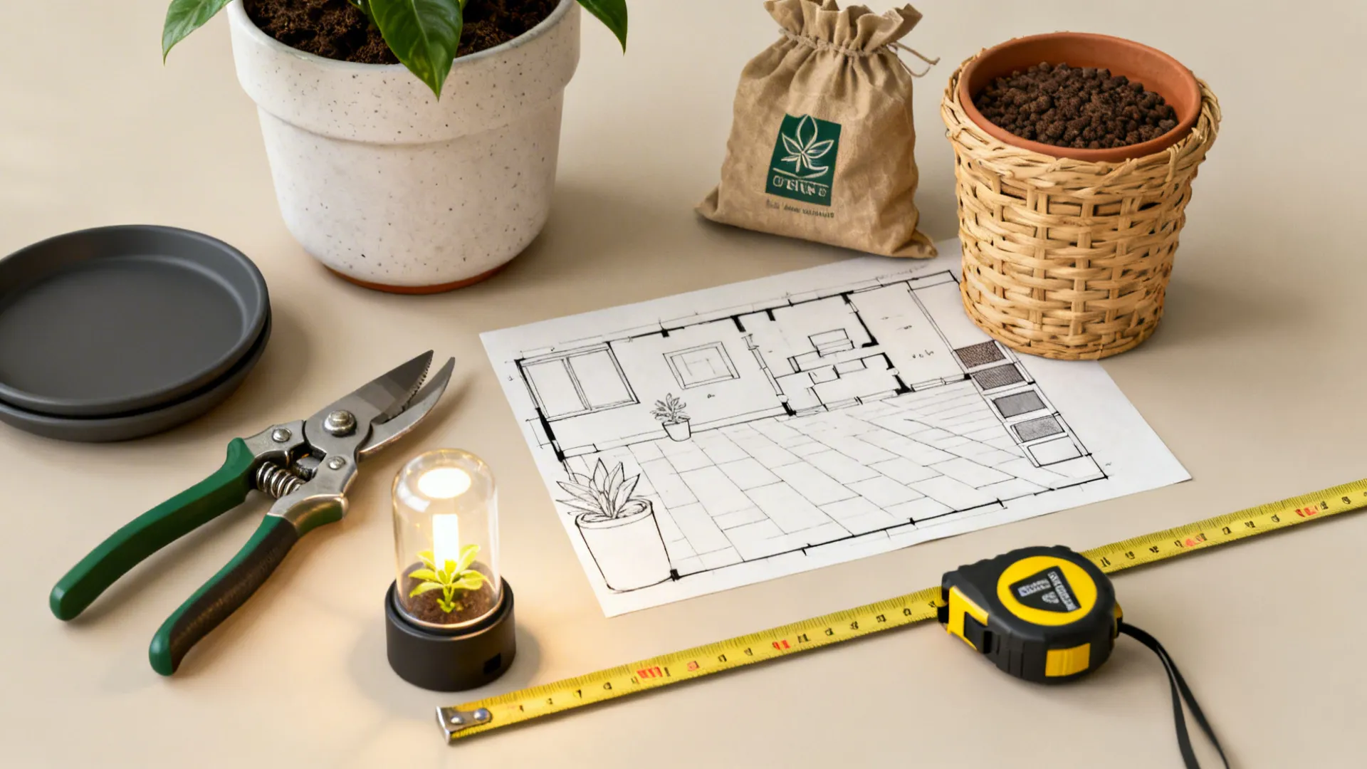 Flatlay of plant-care tools including pruning shears, saucers, grow light, pots, and a quick floorplan sketch.