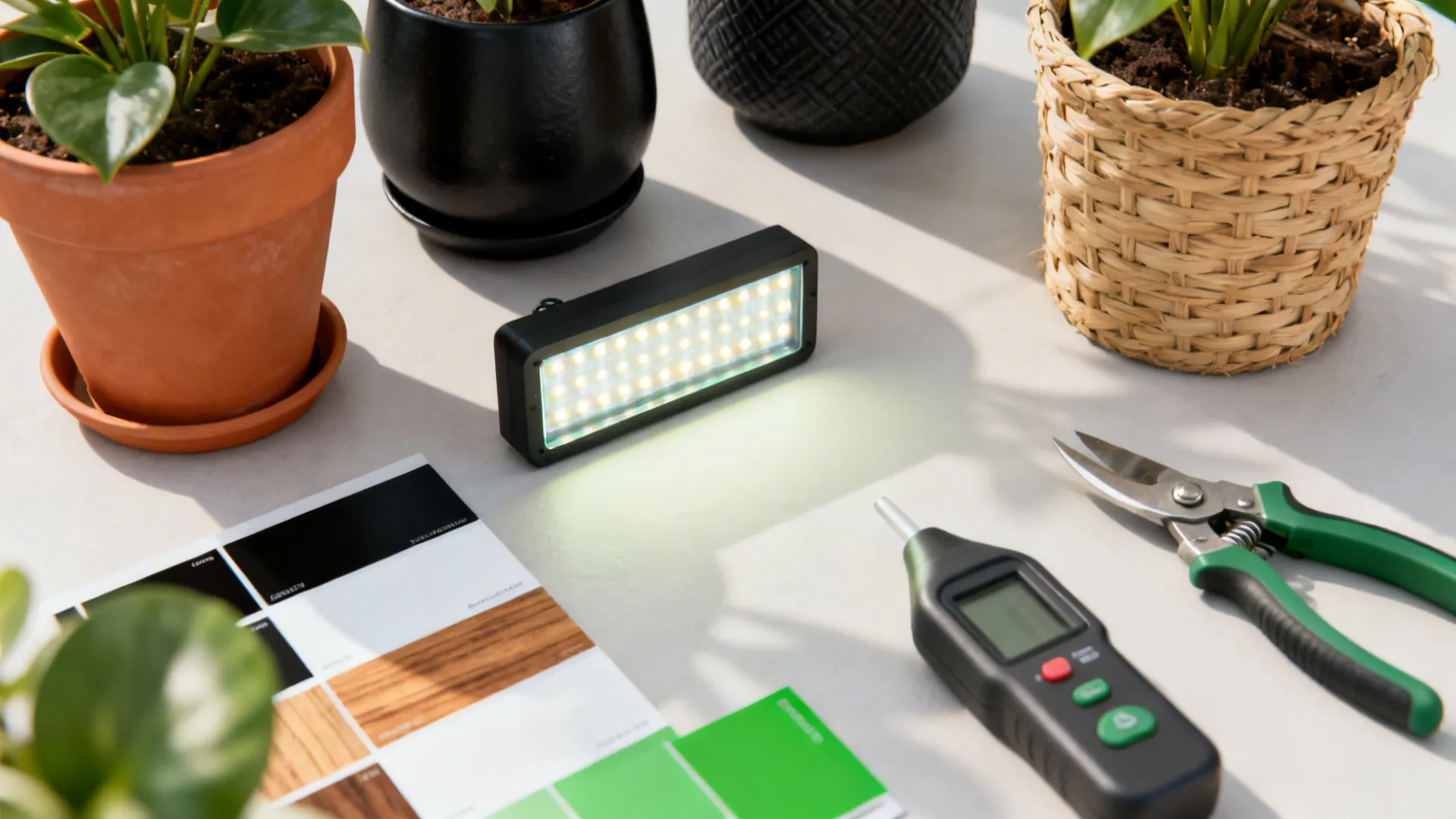 Flatlay of pot textures, grow light, color swatches and plant care tools for monochrome interiors