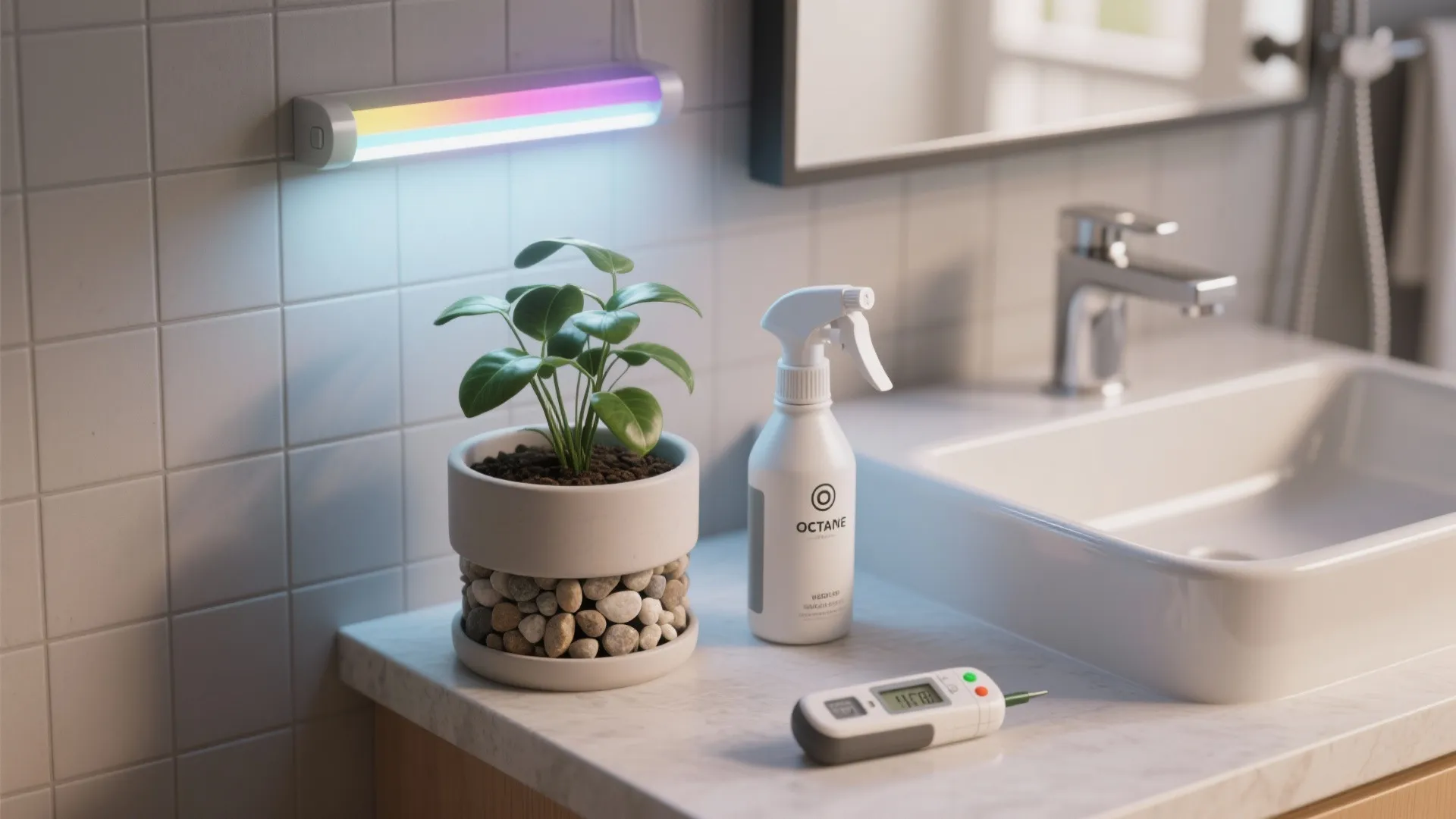 Moisture meter, spray bottle, drainage pot and LED grow light for bathroom plant care.