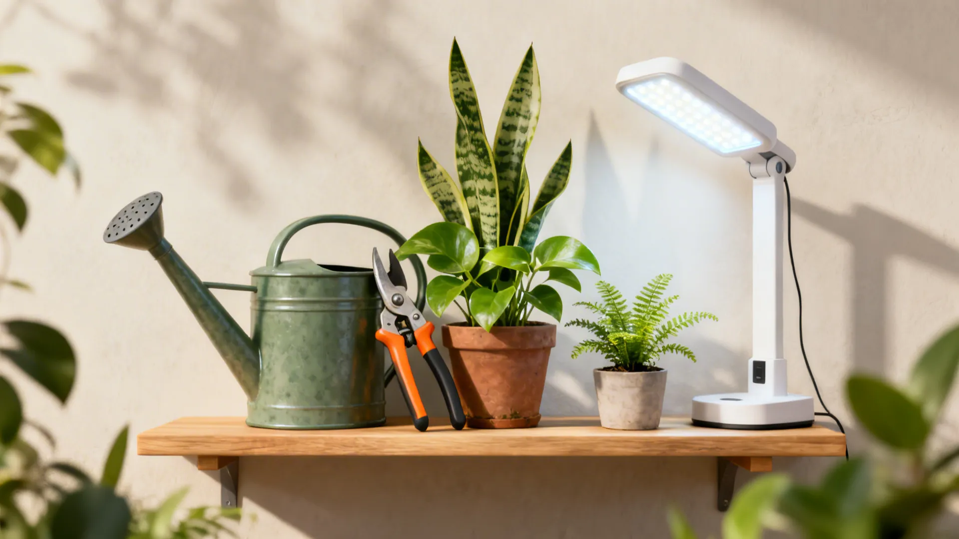 Shelf vignette with watering can, pruning shears, grow light and small houseplants illustrating plant care tips.