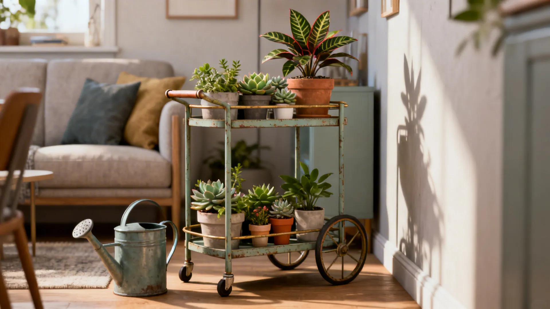 Movable plant cart styled with a statement plant, succulents, and watering can in a small living room.