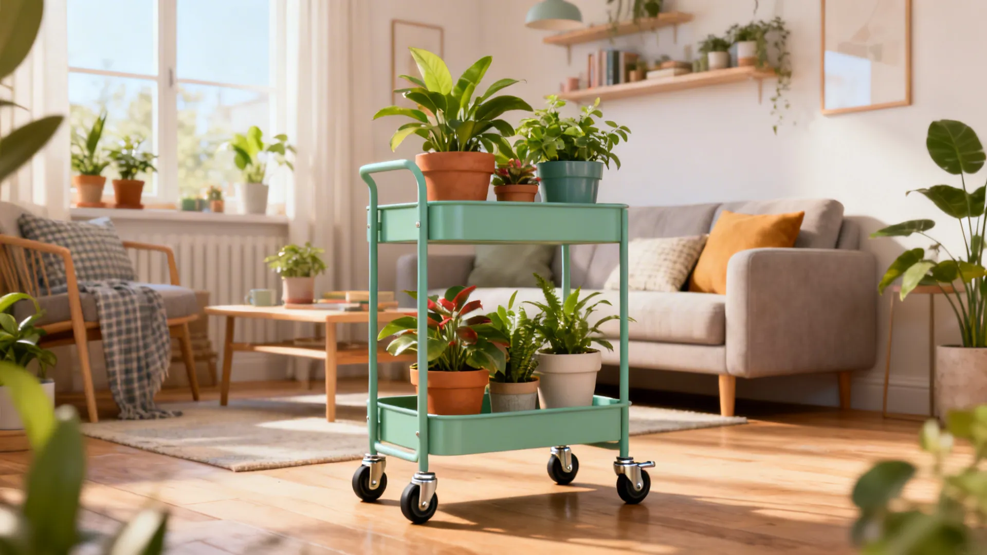 Rolling plant cart with two tiers of mixed pots and locked caster wheels in a small living room.