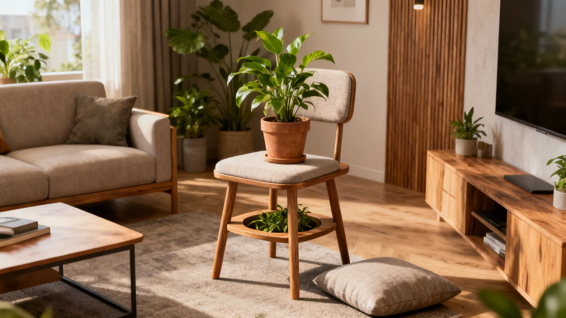 Modern living room with a green plant in a pot sitting on a wooden chair