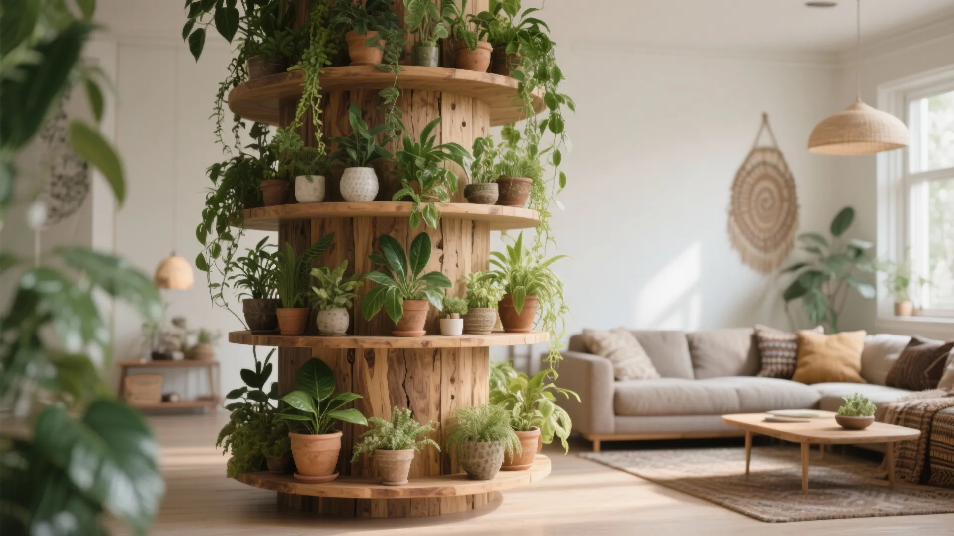 Wooden indoor pillar with circular shelves holding many green potted plants in a bright living room