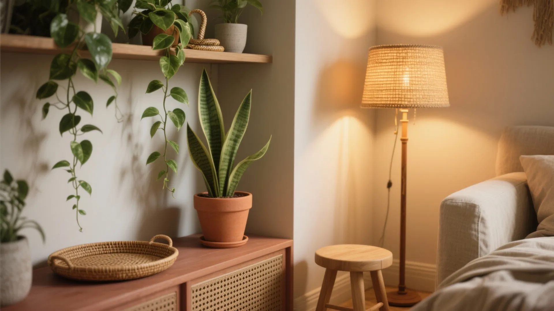 Plant-Layered Corners + Warm Lighting