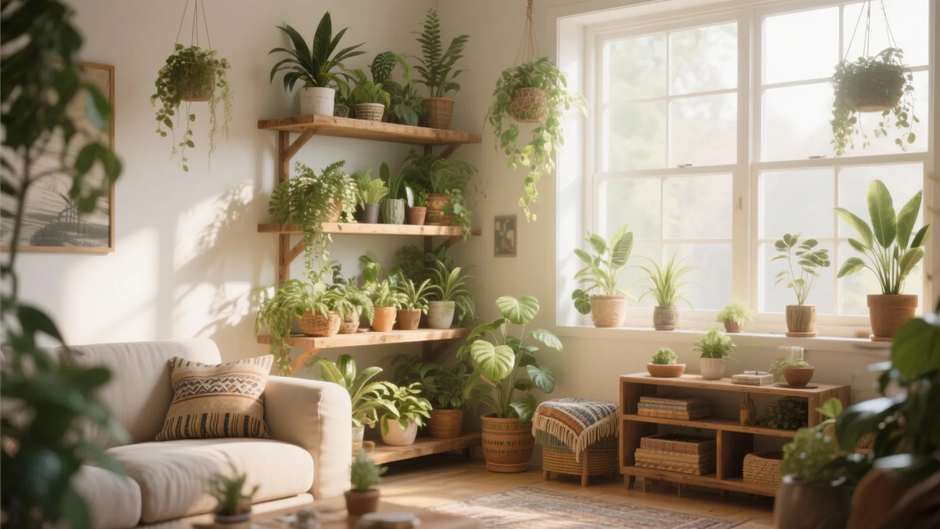 Bright living room corner with many green indoor plants on wooden shelves and window sill