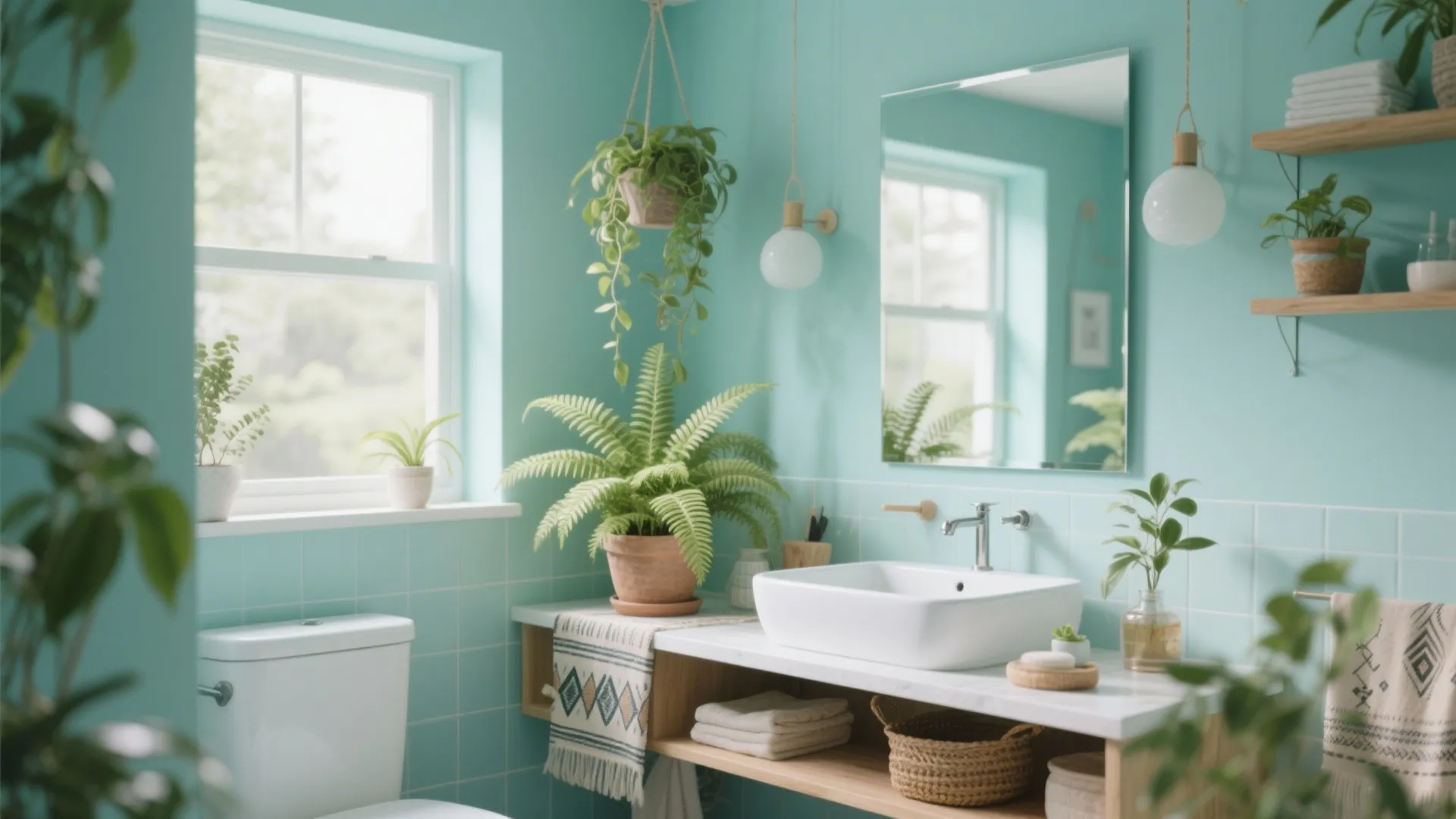 Boho bathroom with light blue tiles potted green plants white sink wooden vanity and natural light