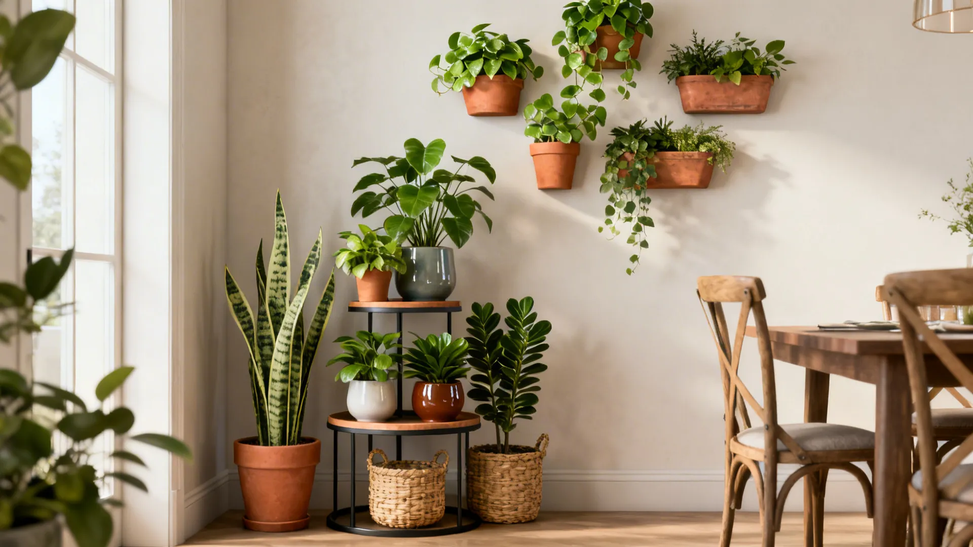 Staggered wall planters and a tiered stand with mixed pots creating a green dining corner.