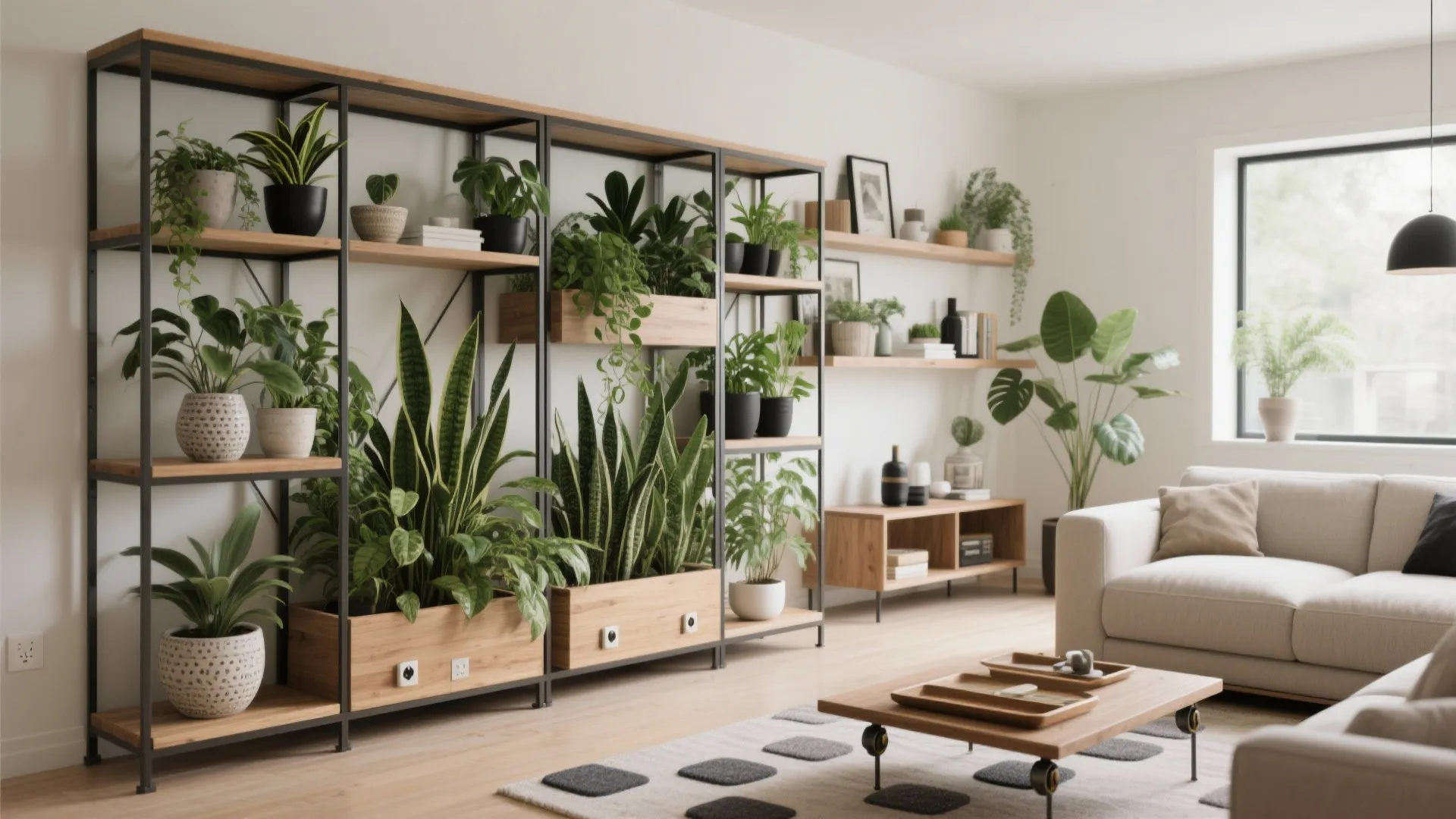 Bright living room with large metal bookshelf filled with green plants sofa and coffee table