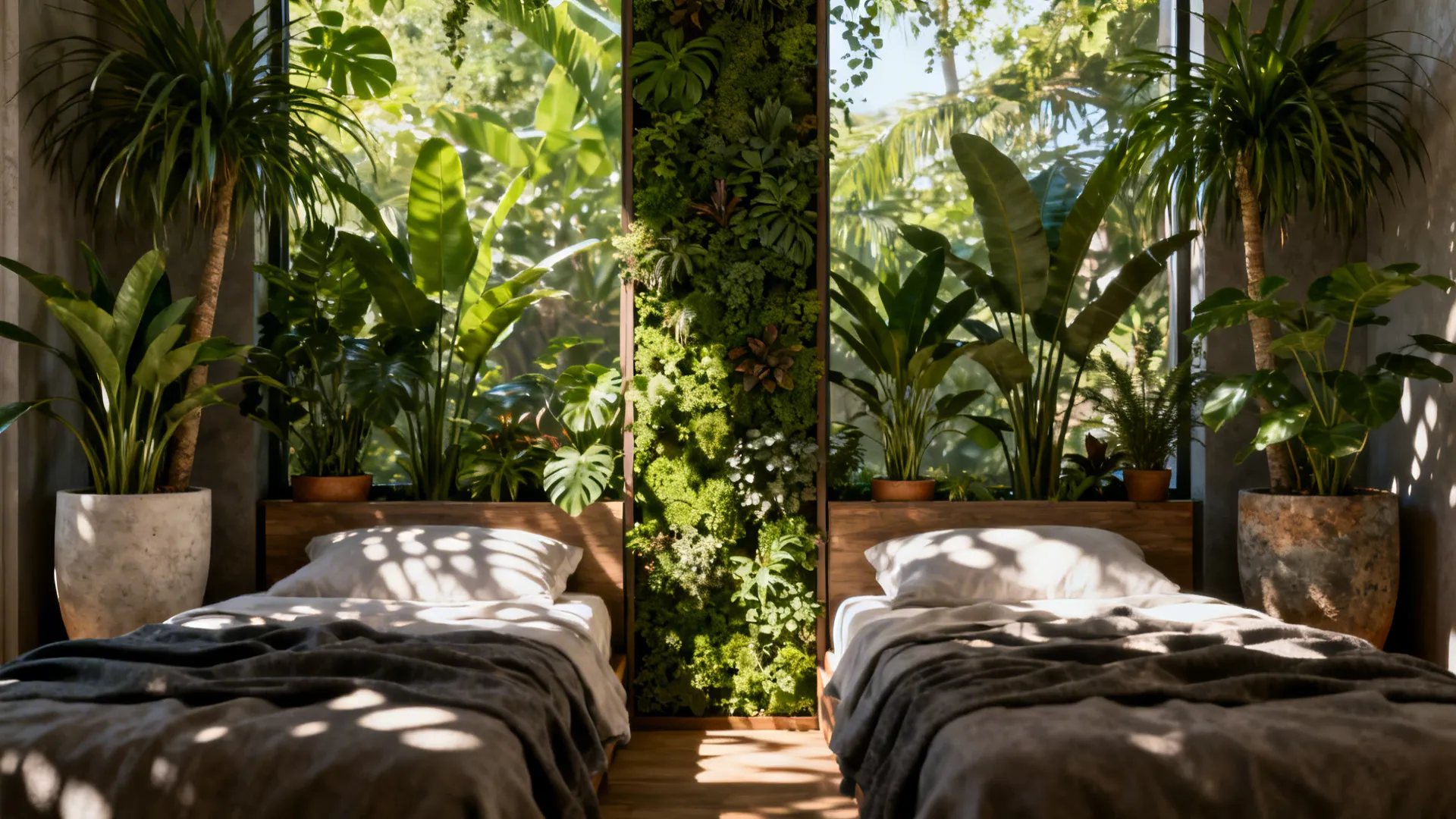 Two beds separated by a vertical wall of green plants in a sunlit tropical bedroom design