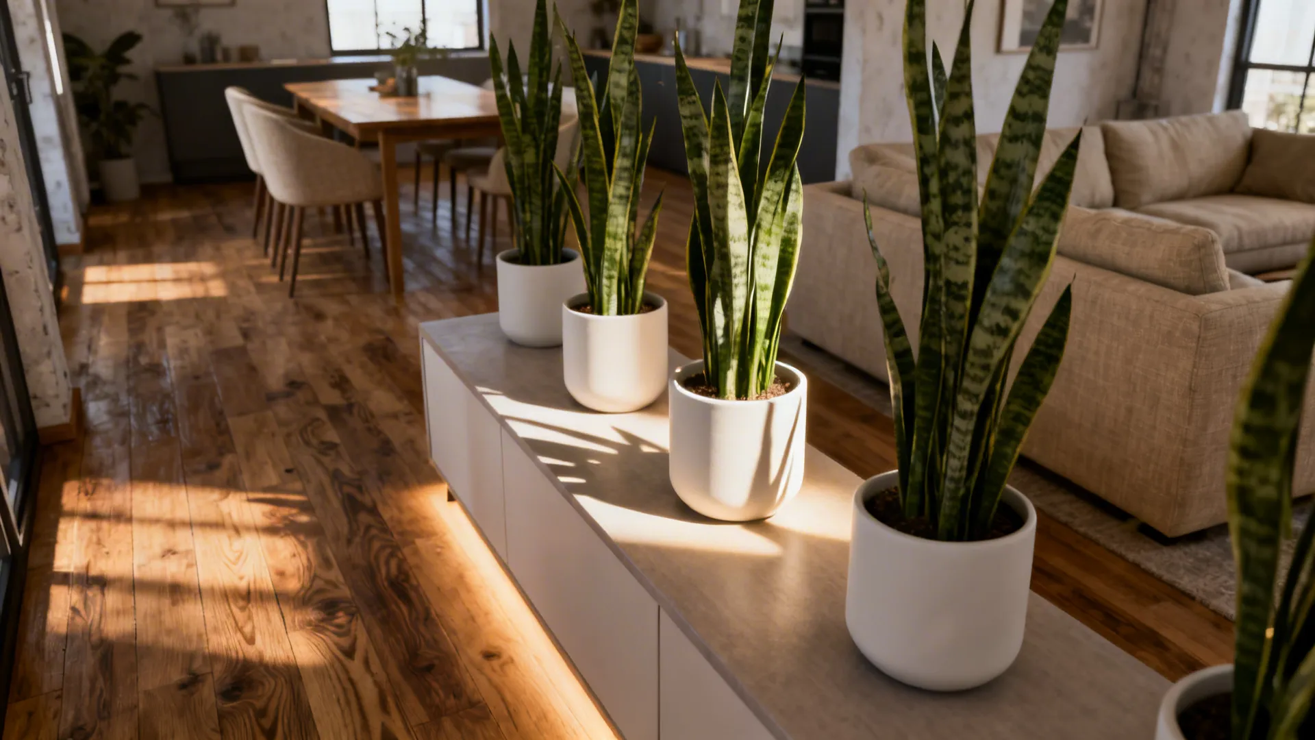 Low console with multiple snake plants forming a subtle room divider in an open-plan loft.