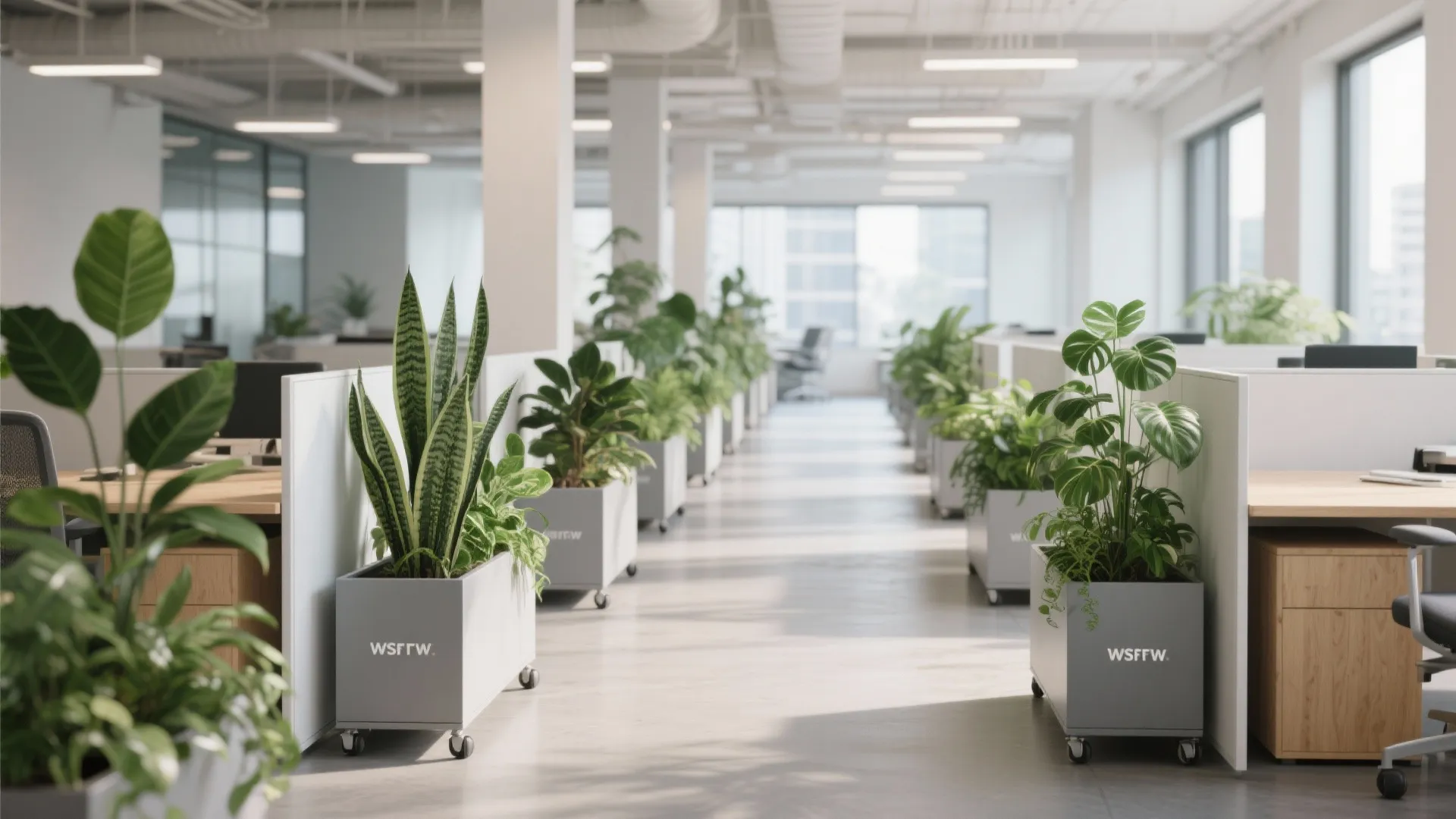 Bright office room layout with green plants in grey pots used as natural space dividers