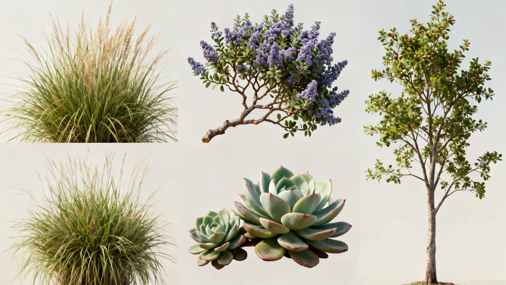 Collage showing native grasses, ceanothus, manzanita, succulents and a tree sapling for ranch landscapes.