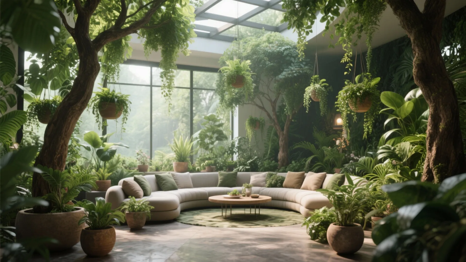 Indoor garden room with curved sofa surrounded by many green potted plants and natural light