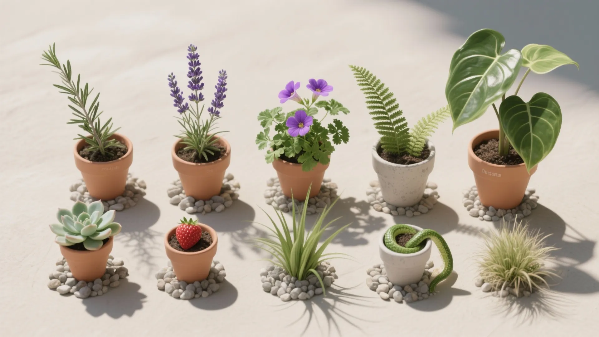 Flat lay of plant cuttings and mini pots grouped by sun, partial sun, shade, and windy conditions on a neutral surface.