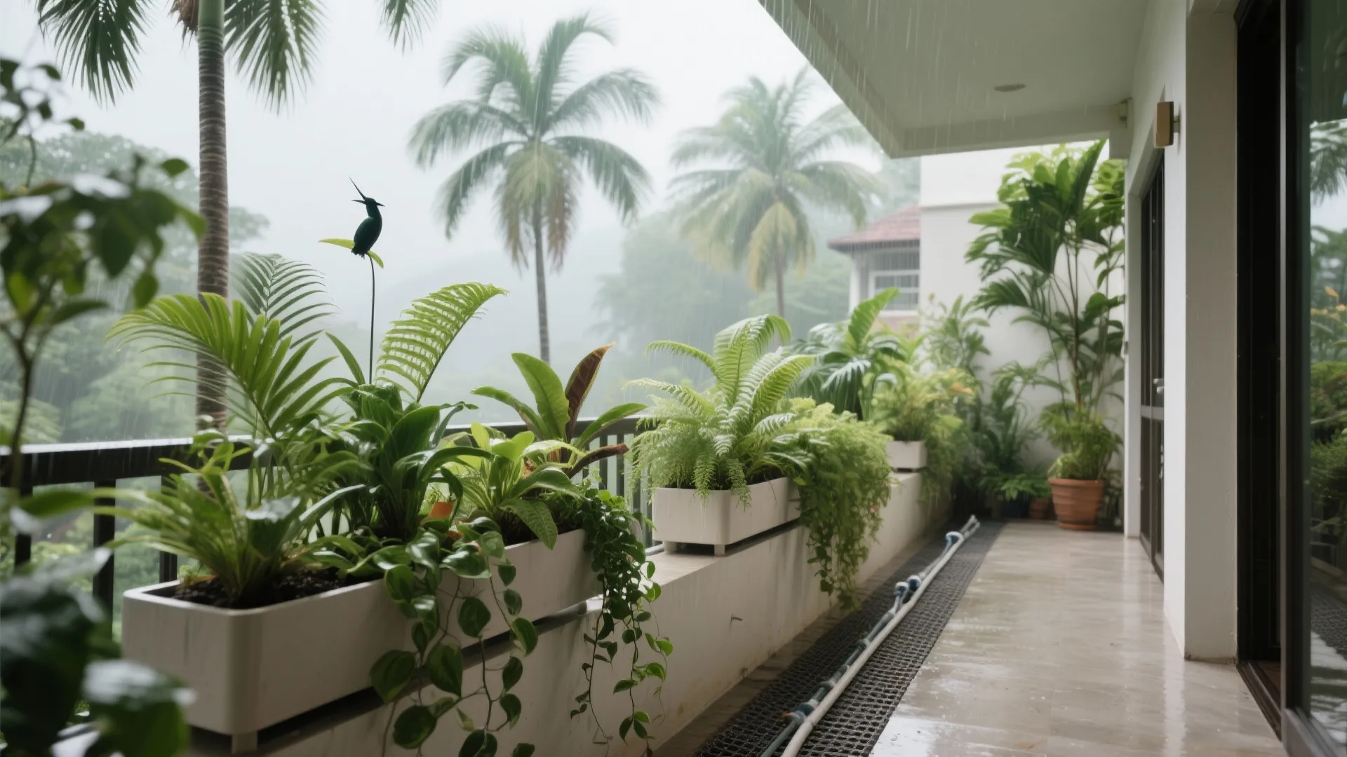 Modern rainy balcony featuring green potted plants in white boxes and several tropical palm trees