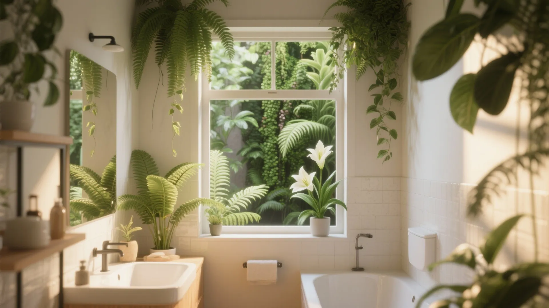 Bright bathroom interior with green hanging plants a large window and white sink and bathtub